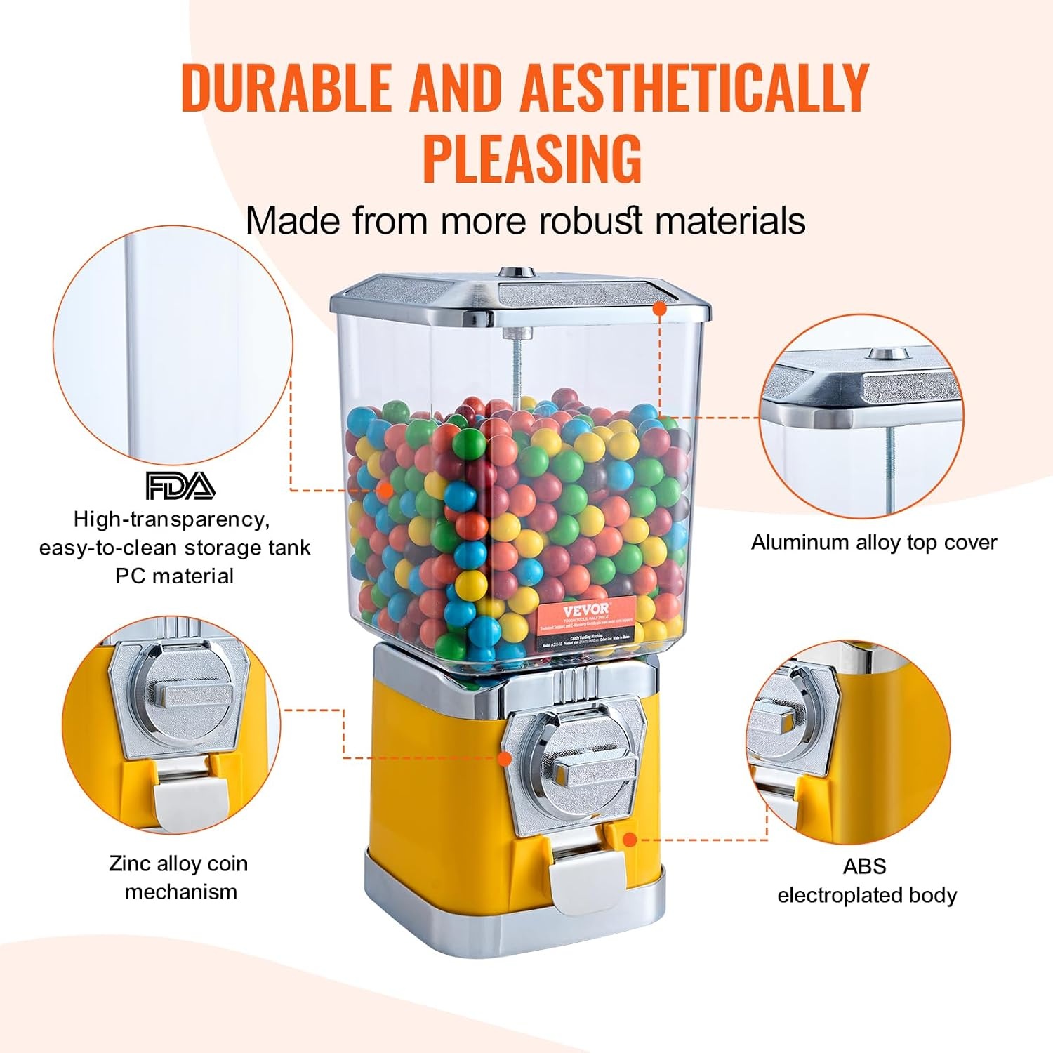 image:imageVEVOR Gumball Machine 21 inch Candy Vending Machine Dispenser 25Cent Vending Machines for Shopping Malls Supermarkets Amusement Parks Arcades Holds Up to 180 177 inch Spherical CandiesYellow