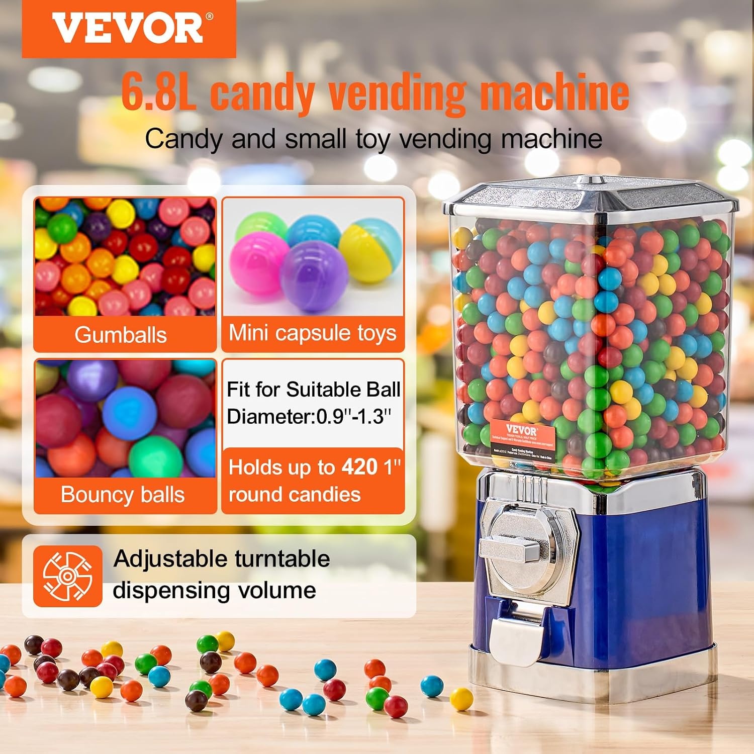 image:imageVEVOR Gumball Machine 21 inch Candy Vending Machine Dispenser 25Cent Vending Machines for Shopping Malls Supermarkets Amusement Parks Arcades Holds Up to 180 177 inch Spherical CandiesBlue