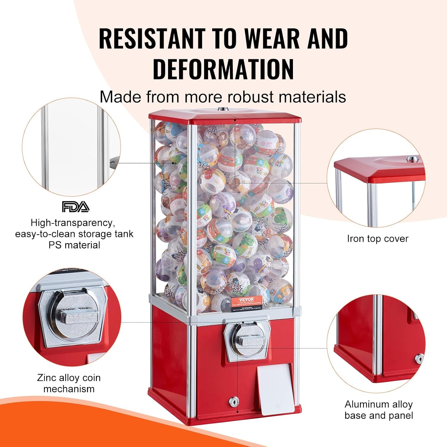 image:imageVEVOR Gumball Machine 21 inch Candy Vending Machine Dispenser 25Cent Vending Machines for Shopping Malls Supermarkets Amusement Parks Arcades Holds Up to 180 177 inch Spherical CandiesRed