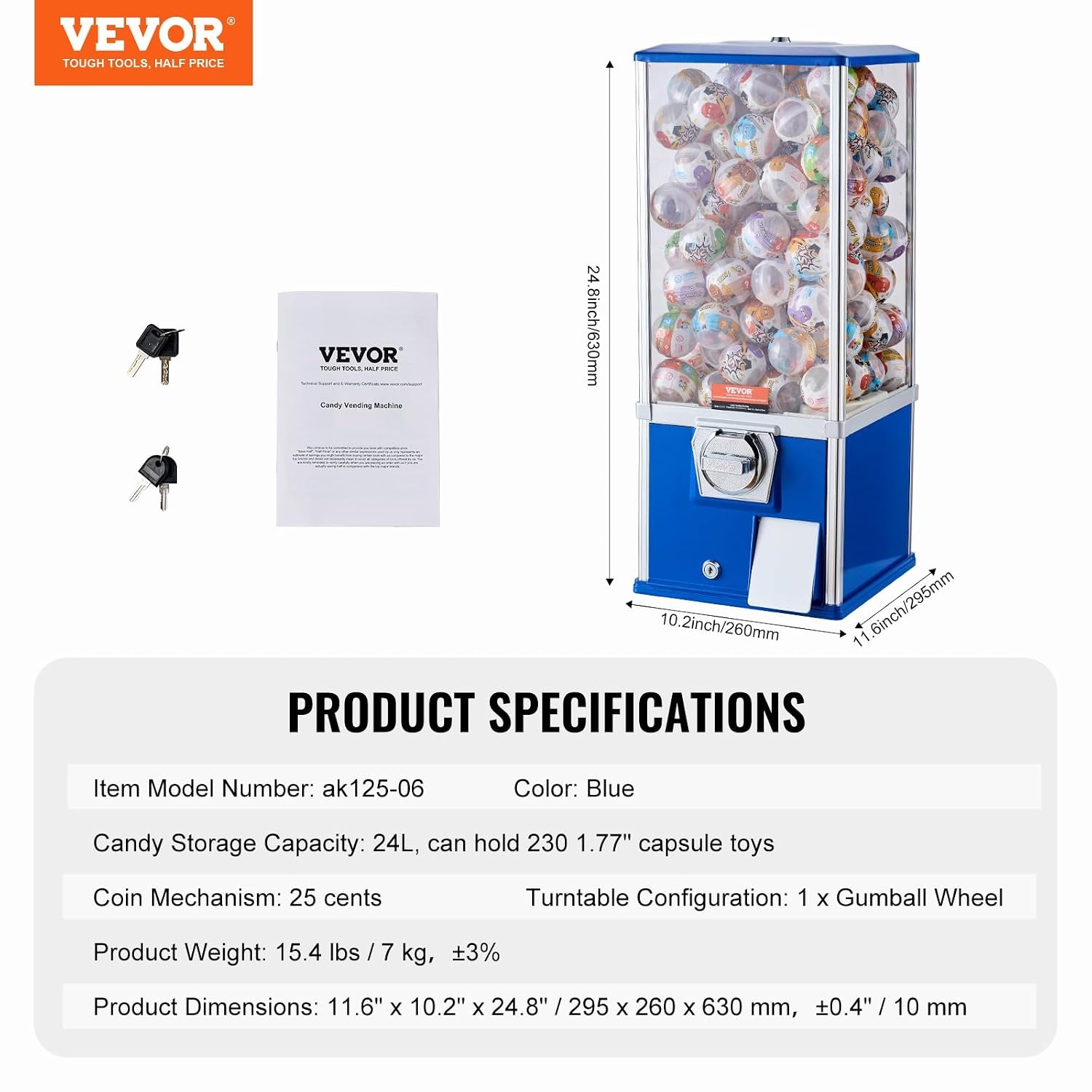 image:imageVEVOR Gumball Machine 21 inch Candy Vending Machine Dispenser 25Cent Vending Machines for Shopping Malls Supermarkets Amusement Parks Arcades Holds Up to 180 177 inch Spherical CandiesBlue