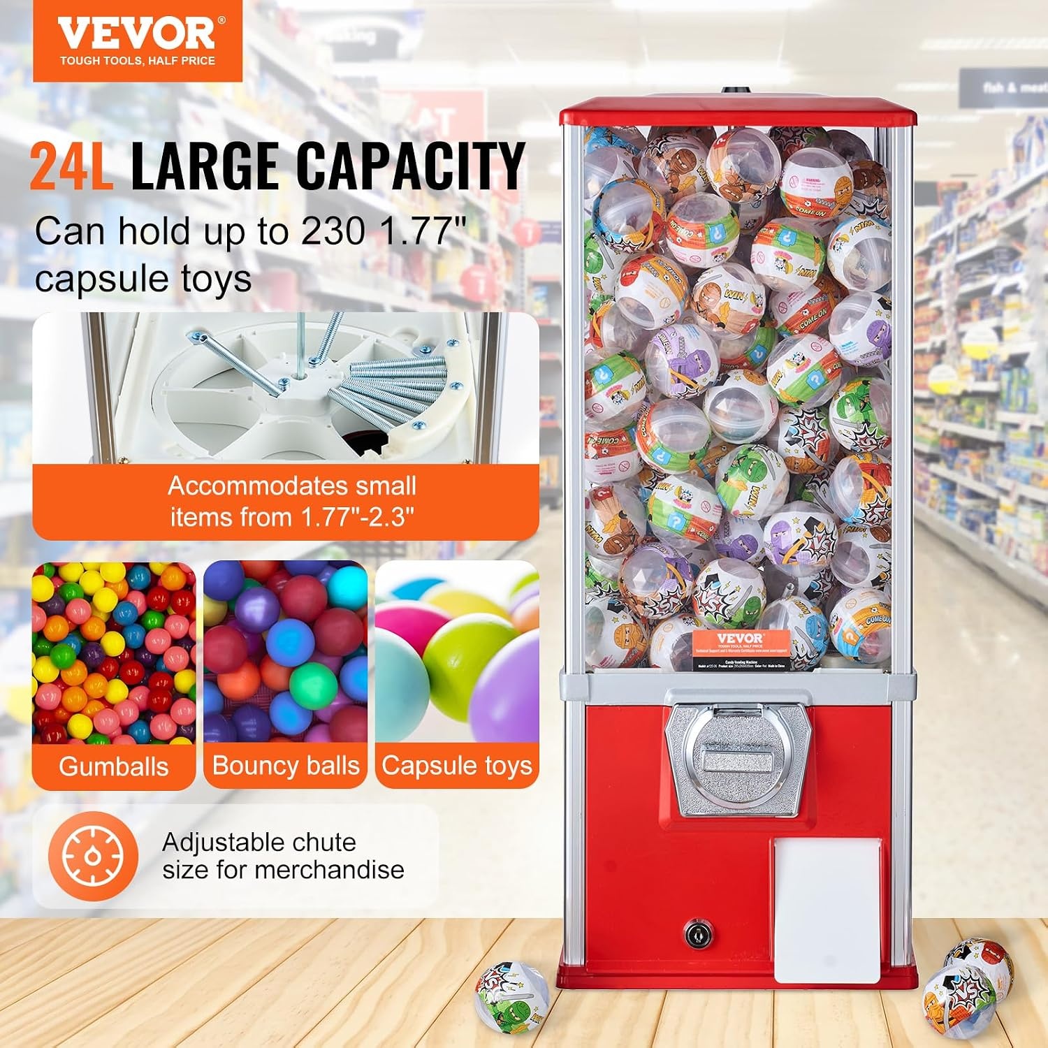 image:imageVEVOR Gumball Machine 21 inch Candy Vending Machine Dispenser 25Cent Vending Machines for Shopping Malls Supermarkets Amusement Parks Arcades Holds Up to 180 177 inch Spherical CandiesRed