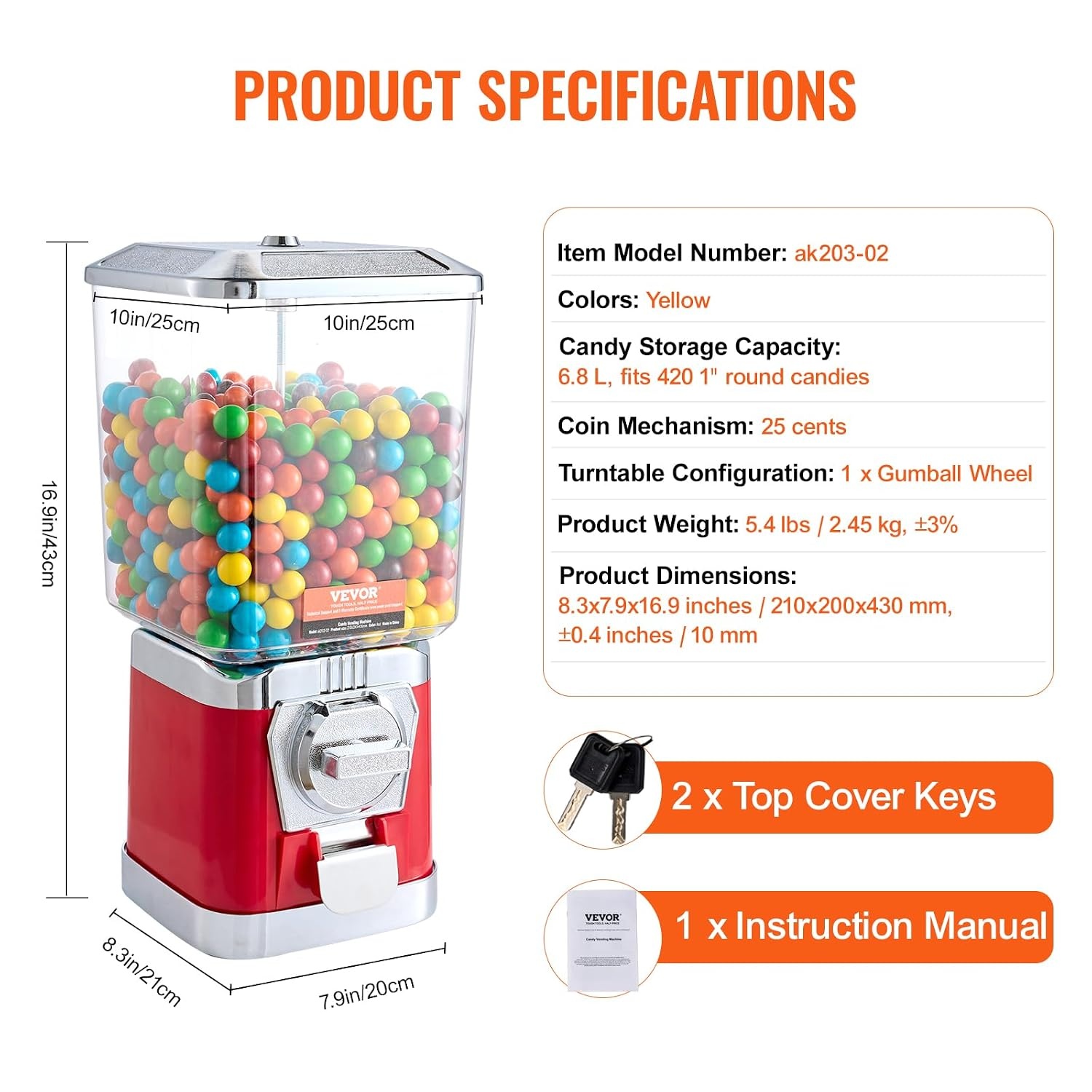 image:imageVEVOR Gumball Machine 21 inch Candy Vending Machine Dispenser 25Cent Vending Machines for Shopping Malls Supermarkets Amusement Parks Arcades Holds Up to 180 177 inch Spherical CandiesRed