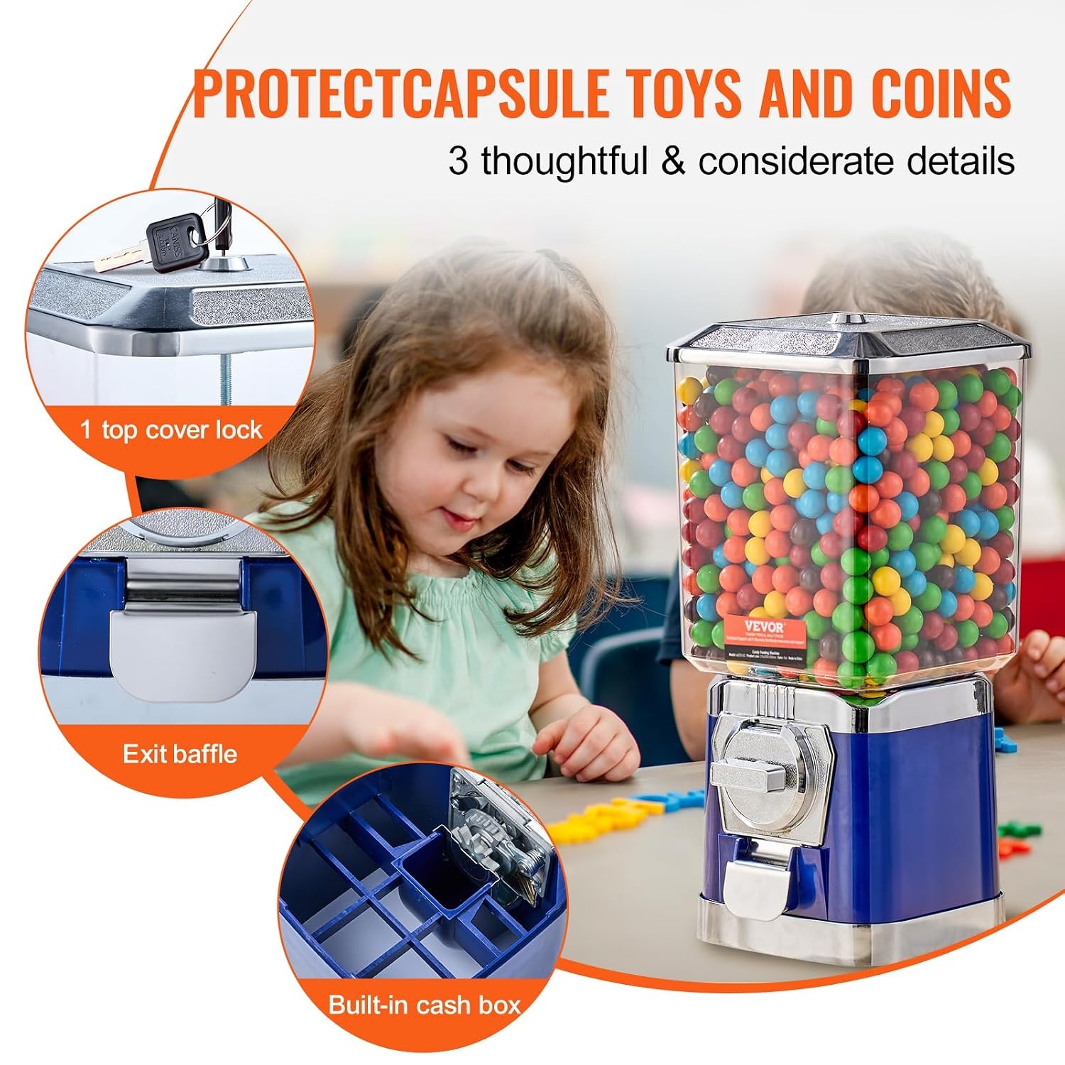 image:imageVEVOR Gumball Machine 21 inch Candy Vending Machine Dispenser 25Cent Vending Machines for Shopping Malls Supermarkets Amusement Parks Arcades Holds Up to 180 177 inch Spherical CandiesBlue