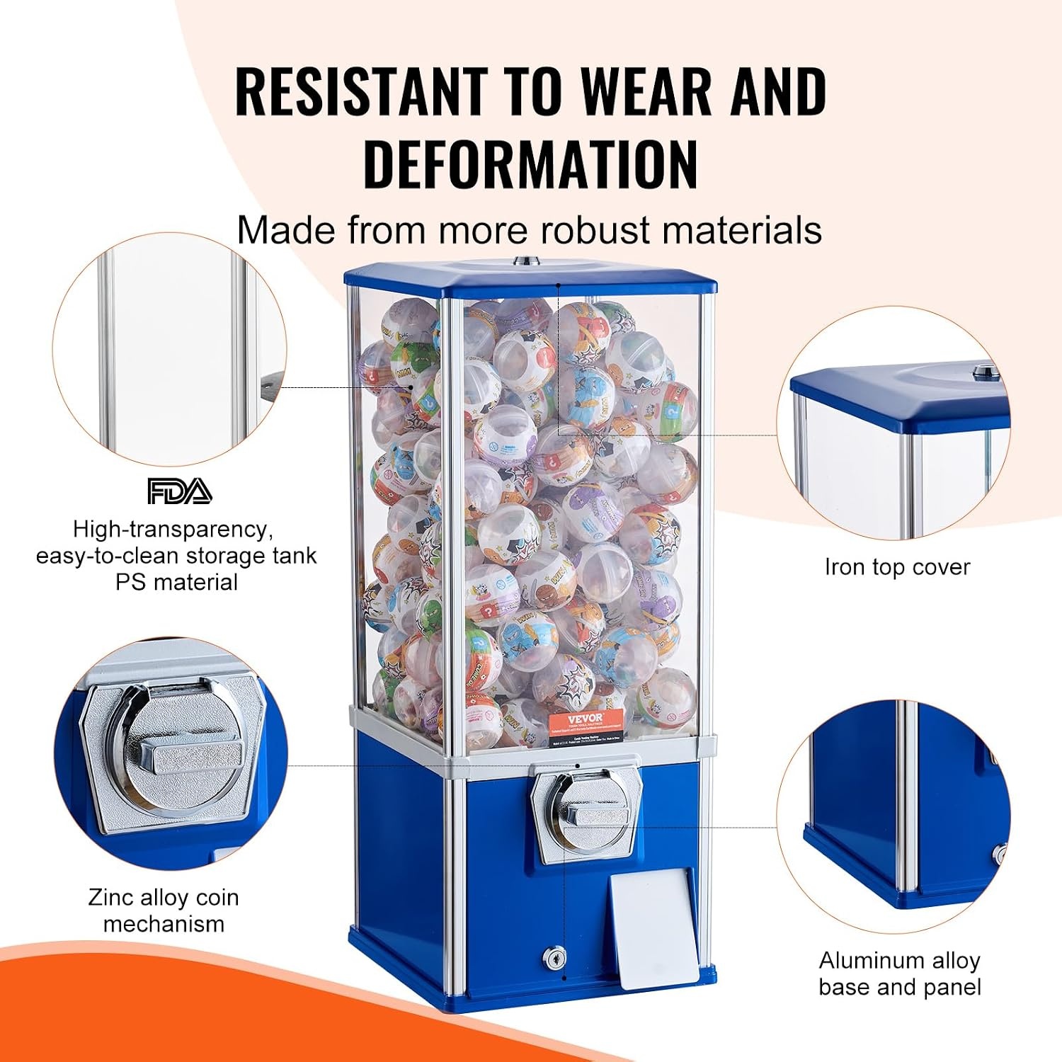 image:imageVEVOR Gumball Machine 21 inch Candy Vending Machine Dispenser 25Cent Vending Machines for Shopping Malls Supermarkets Amusement Parks Arcades Holds Up to 180 177 inch Spherical CandiesBlue