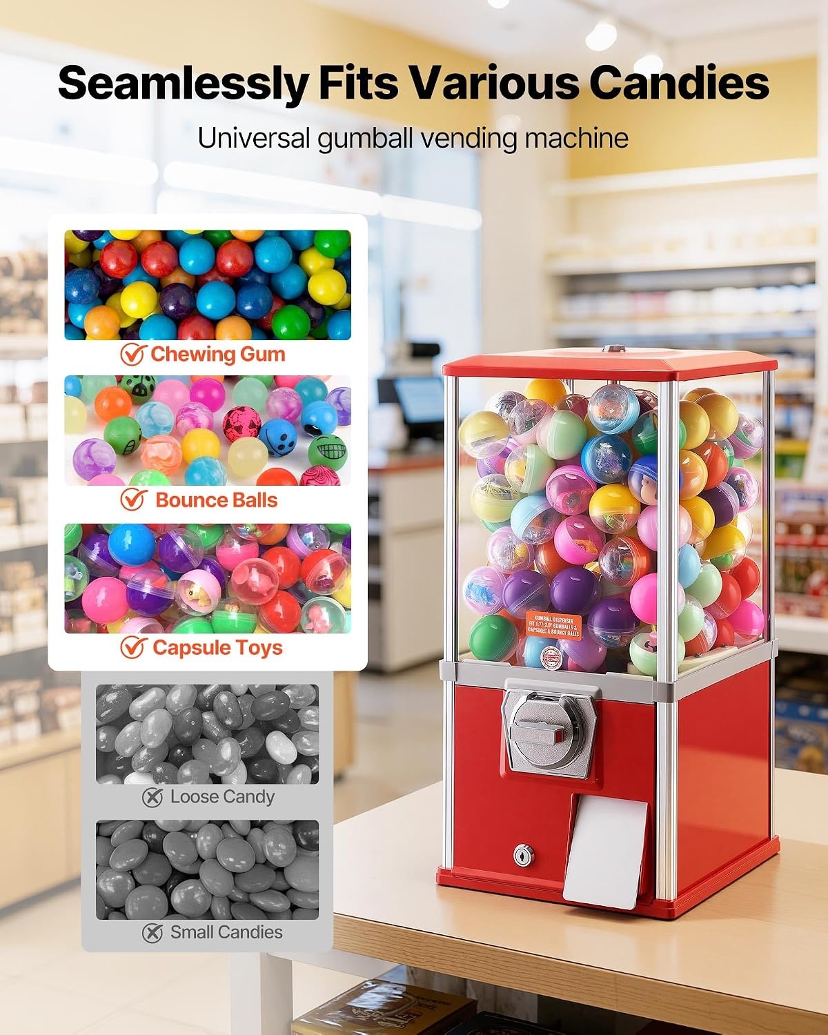 image:imageVEVOR Gumball Machine 21 inch Candy Vending Machine Dispenser 25Cent Vending Machines for Shopping Malls Supermarkets Amusement Parks Arcades Holds Up to 180 177 inch Spherical CandiesRed