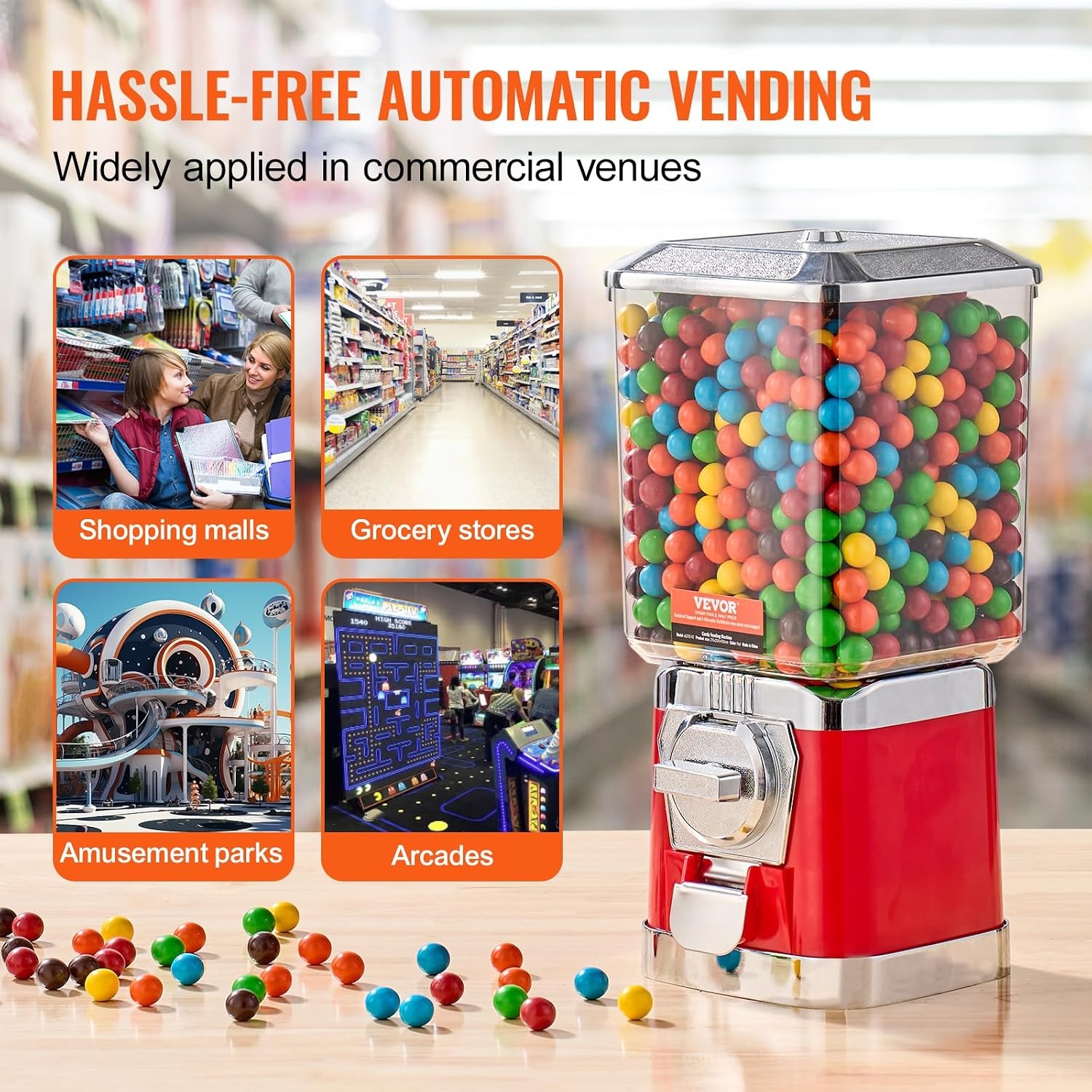 image:imageVEVOR Gumball Machine 21 inch Candy Vending Machine Dispenser 25Cent Vending Machines for Shopping Malls Supermarkets Amusement Parks Arcades Holds Up to 180 177 inch Spherical CandiesRed