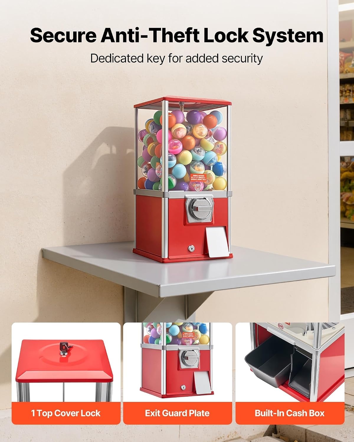 image:imageVEVOR Gumball Machine 21 inch Candy Vending Machine Dispenser 25Cent Vending Machines for Shopping Malls Supermarkets Amusement Parks Arcades Holds Up to 180 177 inch Spherical CandiesRed