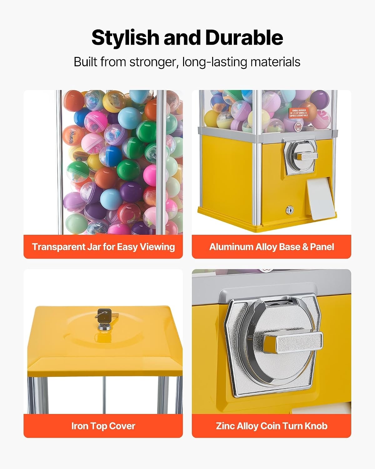 image:imageVEVOR Gumball Machine 21 inch Candy Vending Machine Dispenser 25Cent Vending Machines for Shopping Malls Supermarkets Amusement Parks Arcades Holds Up to 180 177 inch Spherical CandiesYellow