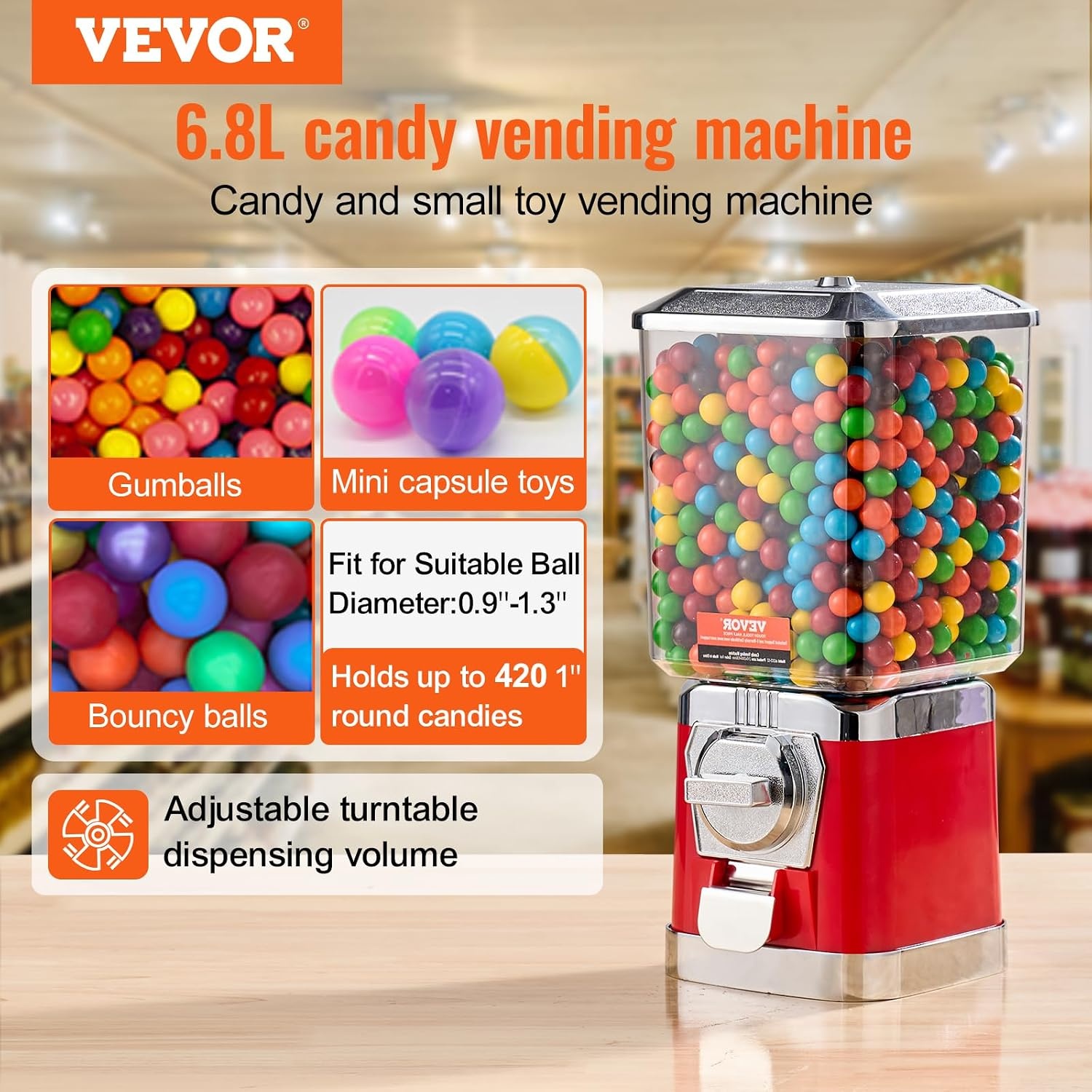 image:imageVEVOR Gumball Machine 21 inch Candy Vending Machine Dispenser 25Cent Vending Machines for Shopping Malls Supermarkets Amusement Parks Arcades Holds Up to 180 177 inch Spherical CandiesRed