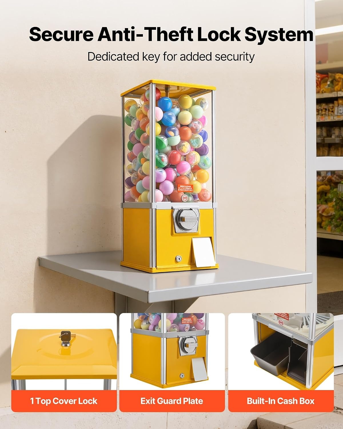 image:imageVEVOR Gumball Machine 21 inch Candy Vending Machine Dispenser 25Cent Vending Machines for Shopping Malls Supermarkets Amusement Parks Arcades Holds Up to 180 177 inch Spherical CandiesYellow