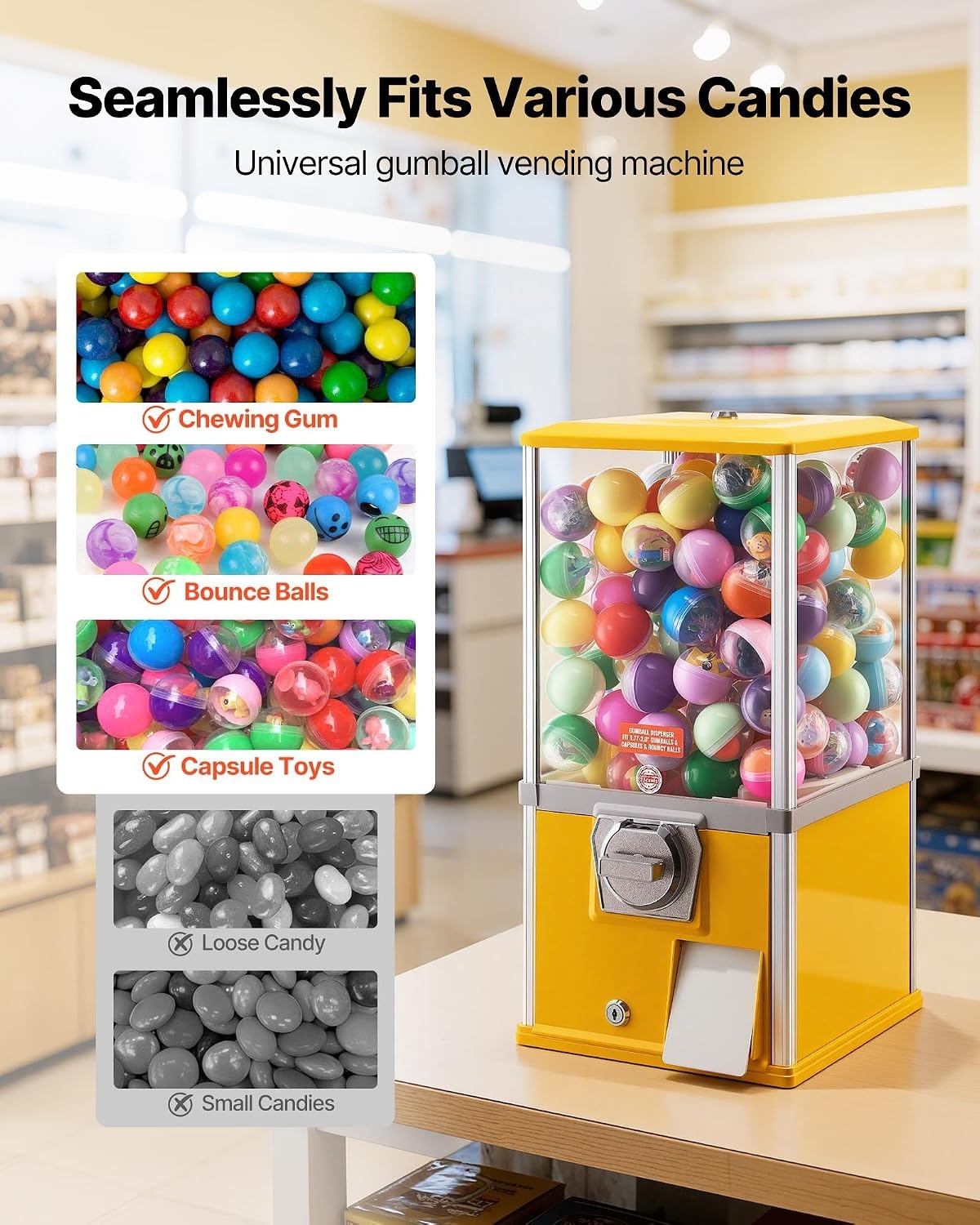 image:imageVEVOR Gumball Machine 21 inch Candy Vending Machine Dispenser 25Cent Vending Machines for Shopping Malls Supermarkets Amusement Parks Arcades Holds Up to 180 177 inch Spherical CandiesYellow