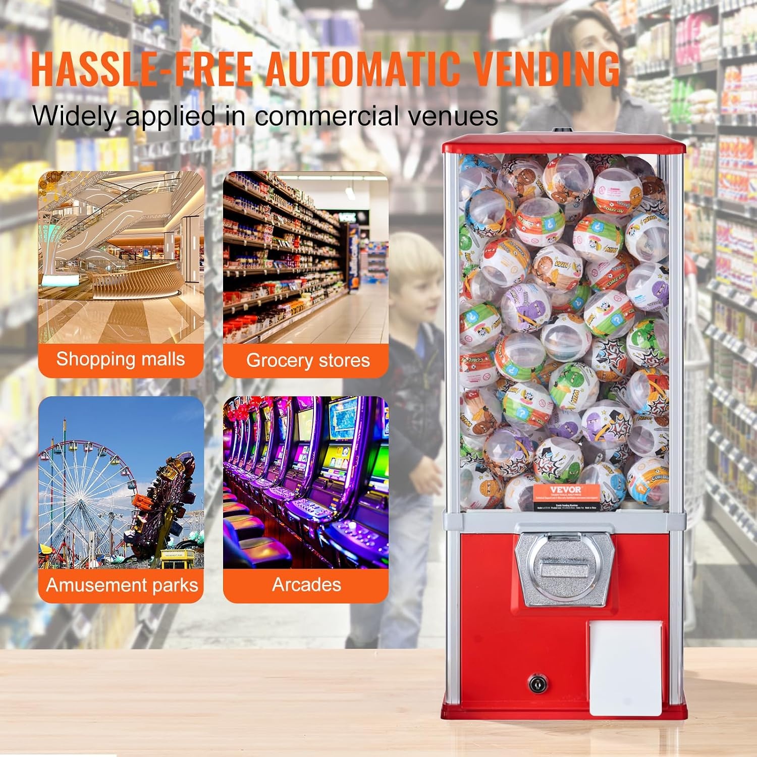 image:imageVEVOR Gumball Machine 21 inch Candy Vending Machine Dispenser 25Cent Vending Machines for Shopping Malls Supermarkets Amusement Parks Arcades Holds Up to 180 177 inch Spherical CandiesRed
