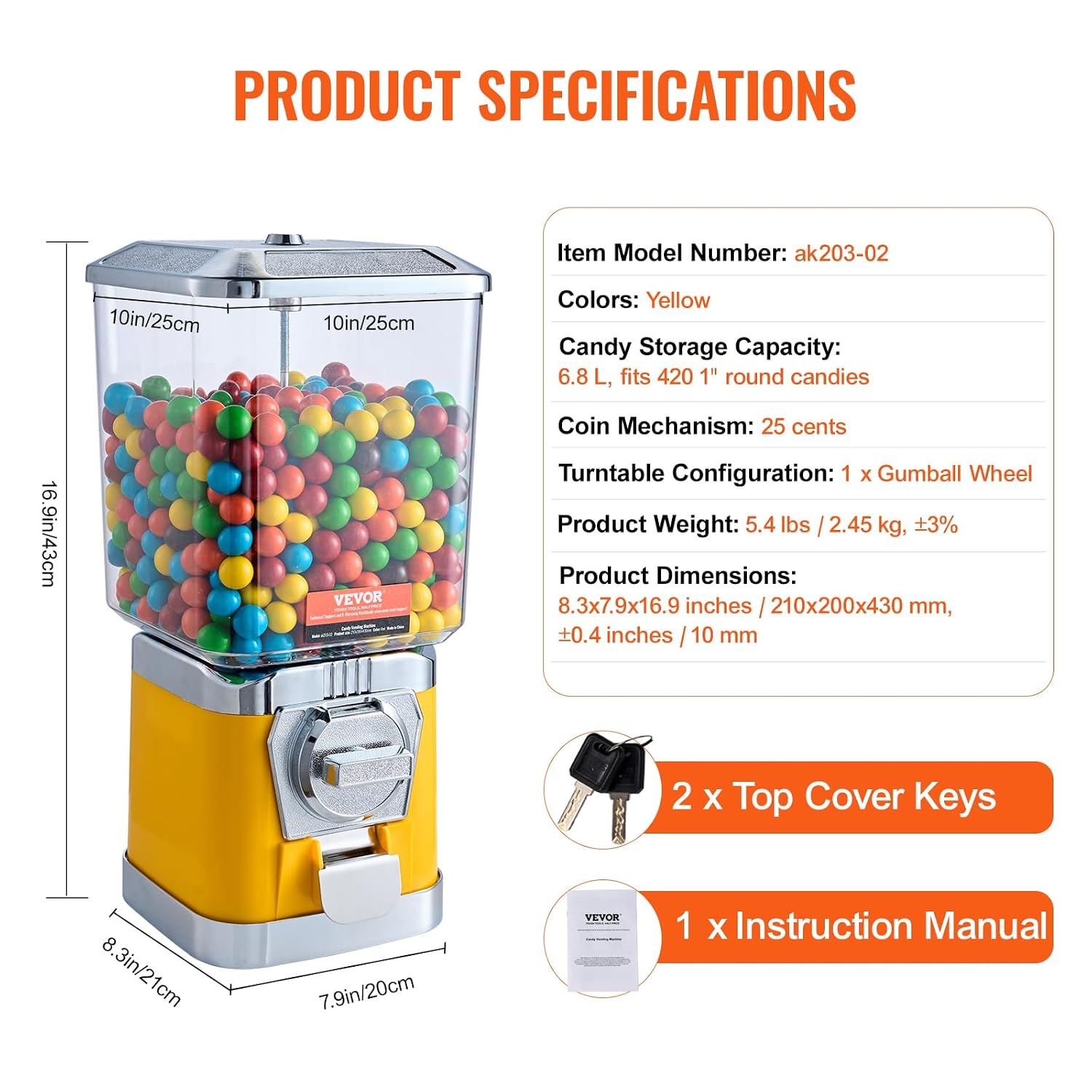 image:imageVEVOR Gumball Machine 21 inch Candy Vending Machine Dispenser 25Cent Vending Machines for Shopping Malls Supermarkets Amusement Parks Arcades Holds Up to 180 177 inch Spherical CandiesYellow