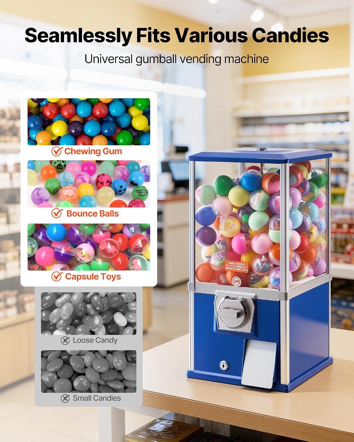 image:imageVEVOR Gumball Machine 21 inch Candy Vending Machine Dispenser 25Cent Vending Machines for Shopping Malls Supermarkets Amusement Parks Arcades Holds Up to 180 177 inch Spherical CandiesBlue