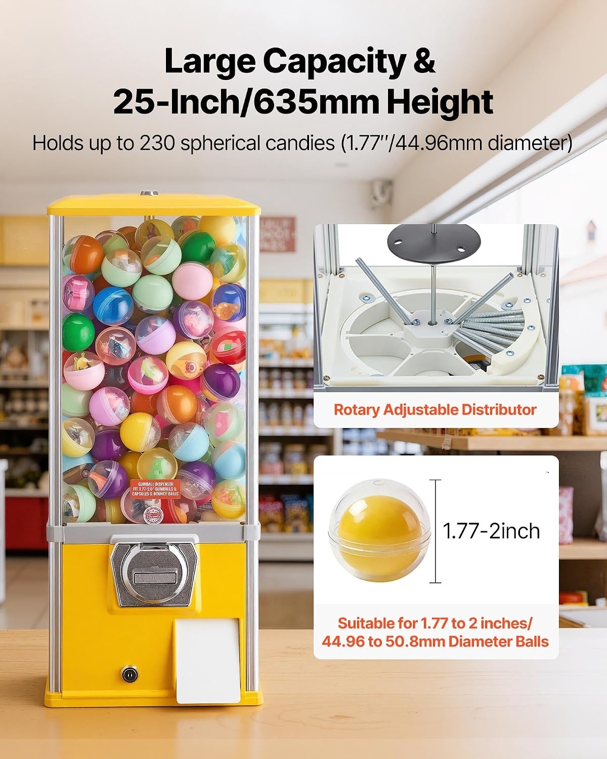 image:imageVEVOR Gumball Machine 21 inch Candy Vending Machine Dispenser 25Cent Vending Machines for Shopping Malls Supermarkets Amusement Parks Arcades Holds Up to 180 177 inch Spherical CandiesYellow