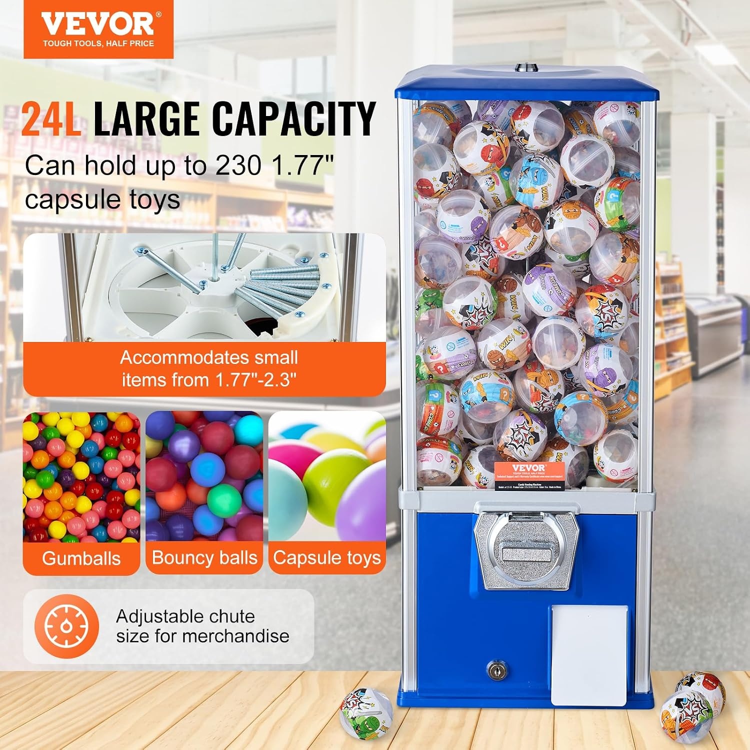 image:imageVEVOR Gumball Machine 21 inch Candy Vending Machine Dispenser 25Cent Vending Machines for Shopping Malls Supermarkets Amusement Parks Arcades Holds Up to 180 177 inch Spherical CandiesBlue