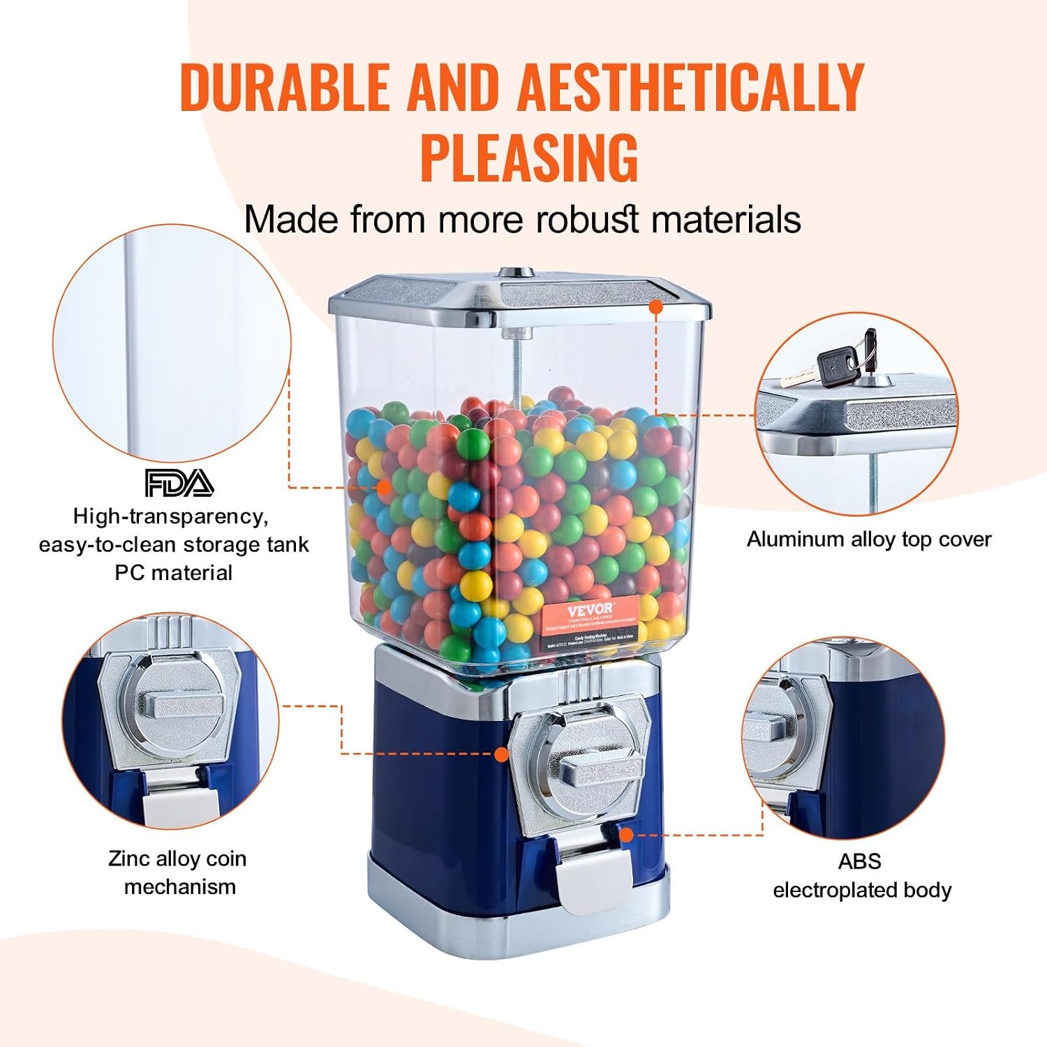 image:imageVEVOR Gumball Machine 21 inch Candy Vending Machine Dispenser 25Cent Vending Machines for Shopping Malls Supermarkets Amusement Parks Arcades Holds Up to 180 177 inch Spherical CandiesBlue