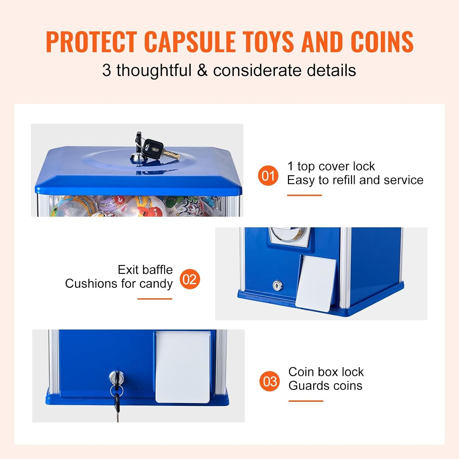 image:imageVEVOR Gumball Machine 21 inch Candy Vending Machine Dispenser 25Cent Vending Machines for Shopping Malls Supermarkets Amusement Parks Arcades Holds Up to 180 177 inch Spherical CandiesBlue