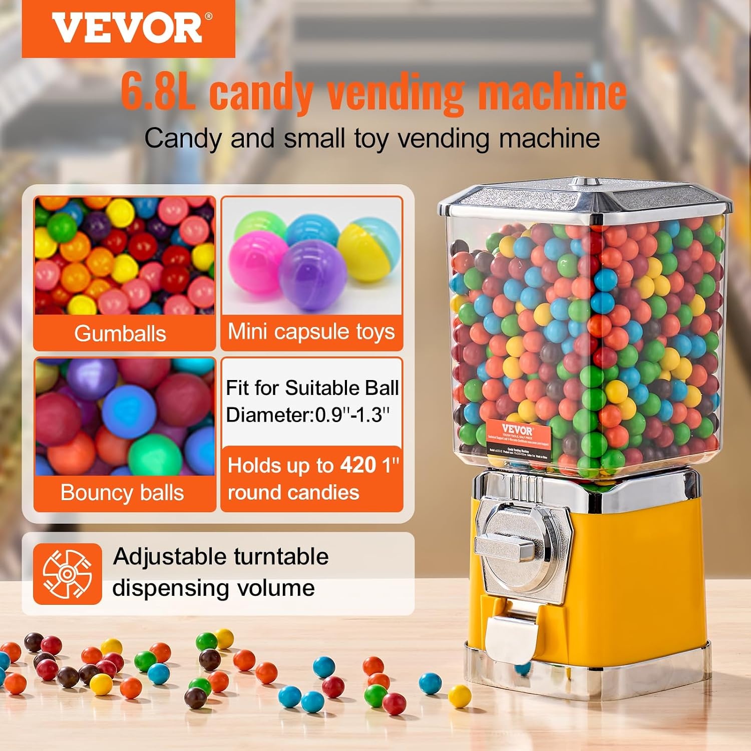 image:imageVEVOR Gumball Machine 21 inch Candy Vending Machine Dispenser 25Cent Vending Machines for Shopping Malls Supermarkets Amusement Parks Arcades Holds Up to 180 177 inch Spherical CandiesYellow