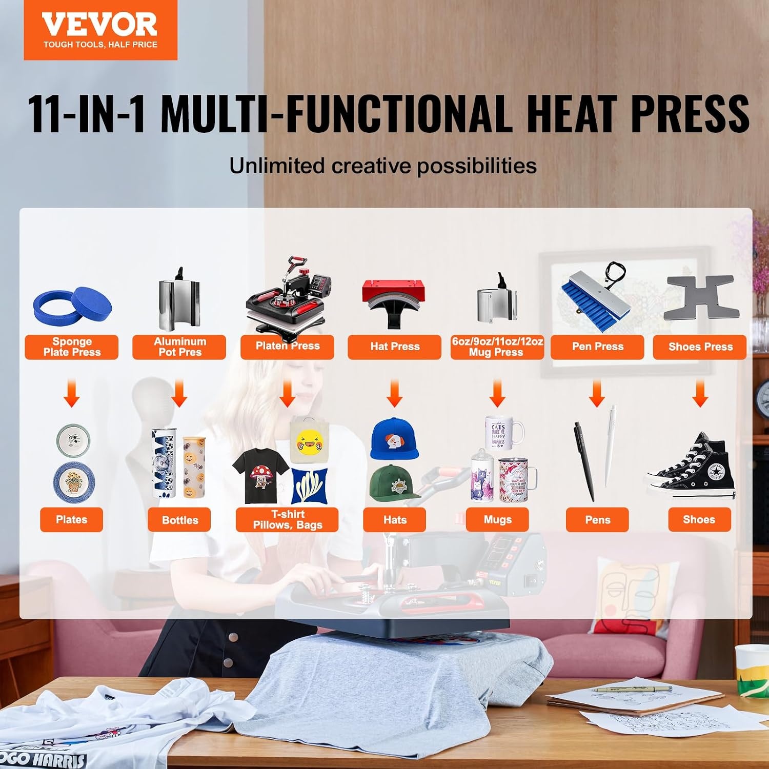 image:imageVEVOR Heat Press 15x15 Power Heat Press Machine for TShirts Fast Heating High Pressure Digital Industrial Sublimation Printer for Heat Transfer Vinyl Dark Black11in1Red