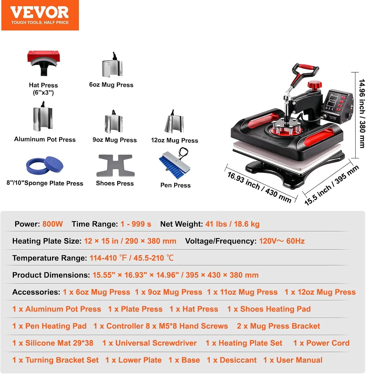 image:imageVEVOR Heat Press 15x15 Power Heat Press Machine for TShirts Fast Heating High Pressure Digital Industrial Sublimation Printer for Heat Transfer Vinyl Dark Black11in1Red