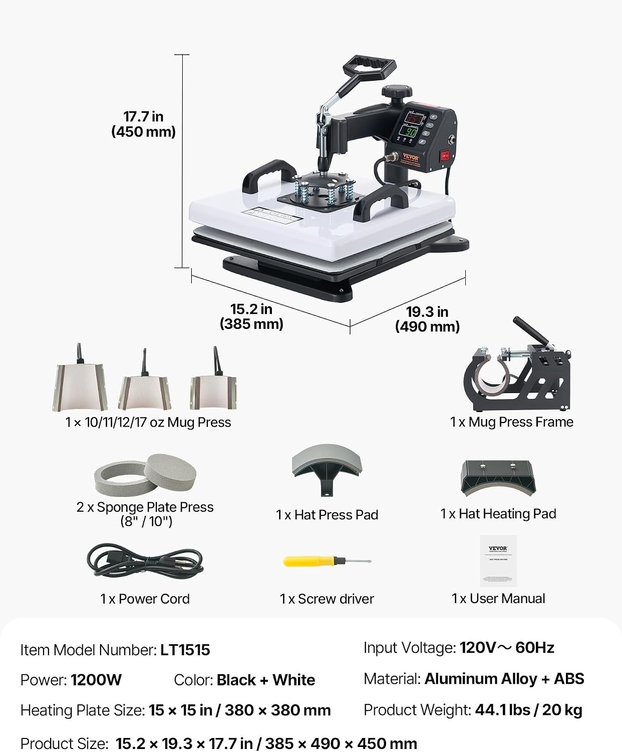image:imageVEVOR Heat Press Machine 15 x 15 in 8in1 Multifunction 360 Swing Away Heat Up Fast and Even Digital Precise Control Sublimation Press Machine for TShirts Mugs Tumblers Caps PlatesHeat Press8 In 1