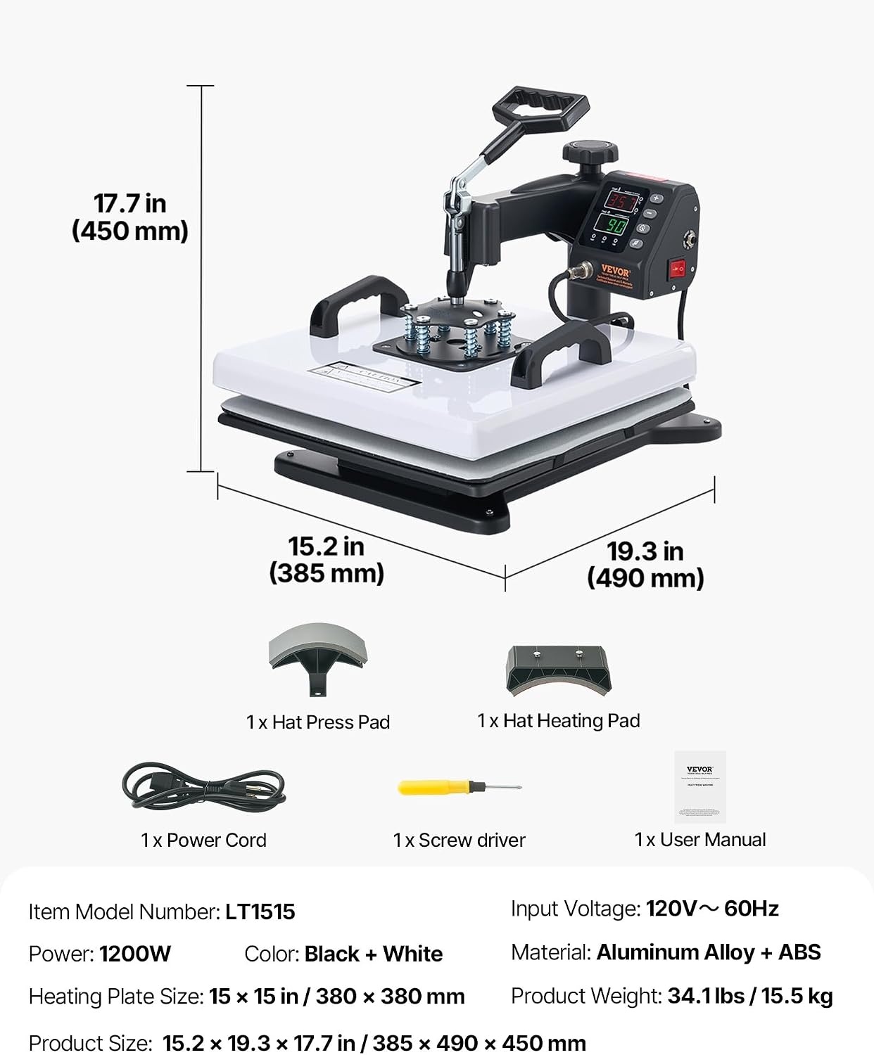 image:imageVEVOR Heat Press Machine 15 x 15 in 8in1 Multifunction 360 Swing Away Heat Up Fast and Even Digital Precise Control Sublimation Press Machine for TShirts Mugs Tumblers Caps PlatesHeat Press2 In 1