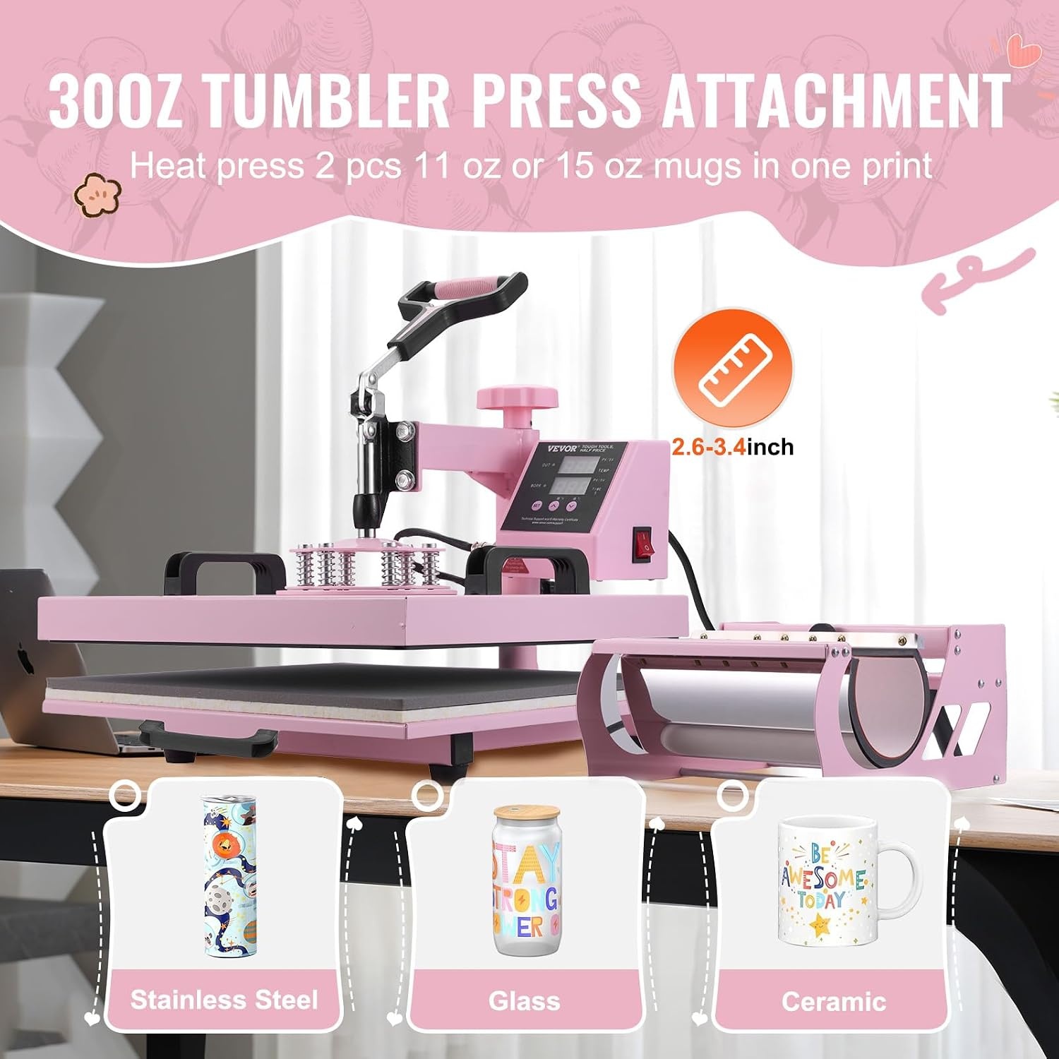 image:imageVEVOR Heat Press Machine 15x15 inch Heat Press Machine for TShirts 5 in 1 Heat Press with 30 OZ Tumbler Press Combo Tumbler Heat Press Machine Sublimation for Hat Cap Mug Plate Pink