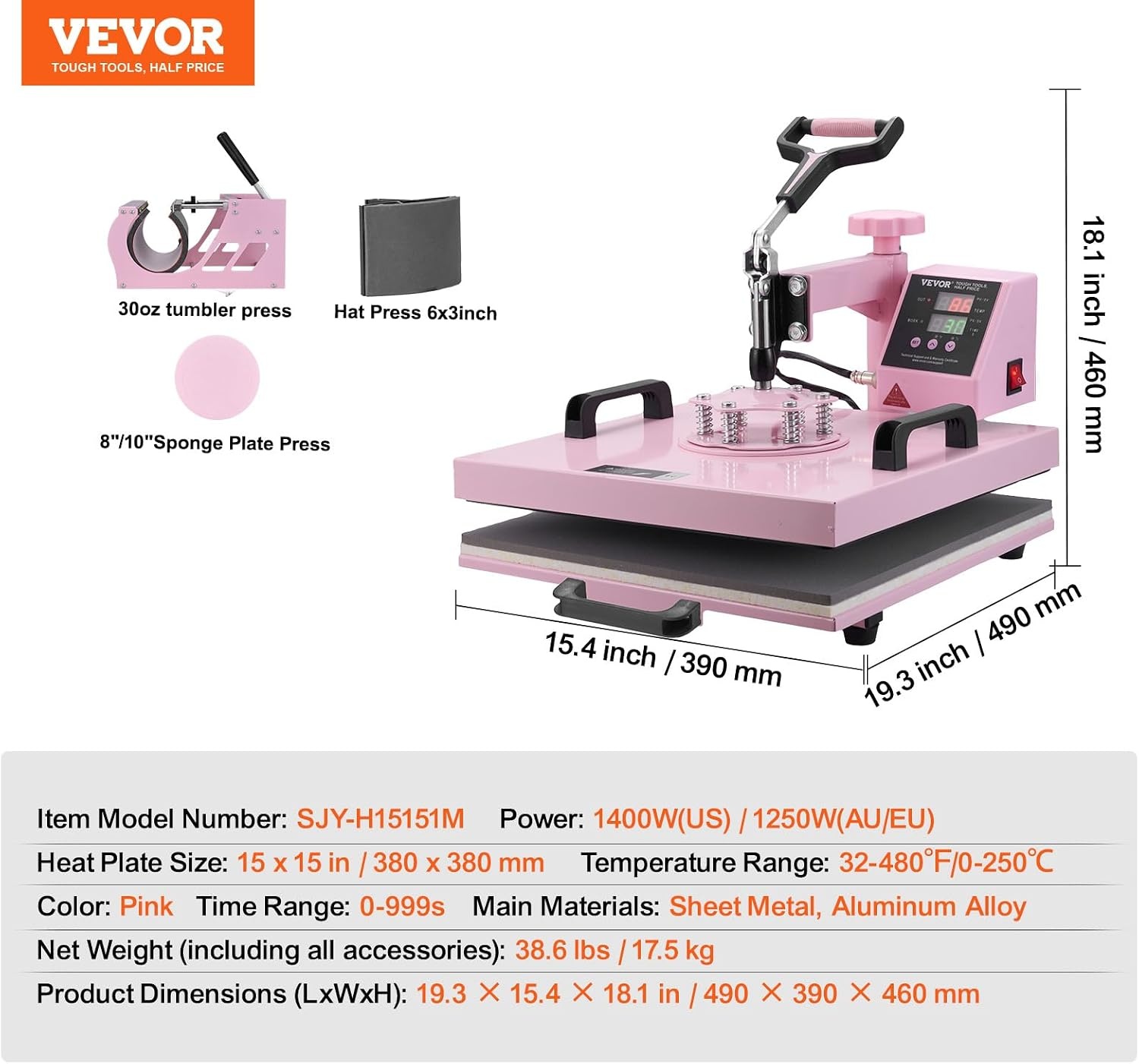 image:imageVEVOR Heat Press Machine 15x15 inch Heat Press Machine for TShirts 5 in 1 Heat Press with 30 OZ Tumbler Press Combo Tumbler Heat Press Machine Sublimation for Hat Cap Mug Plate Pink
