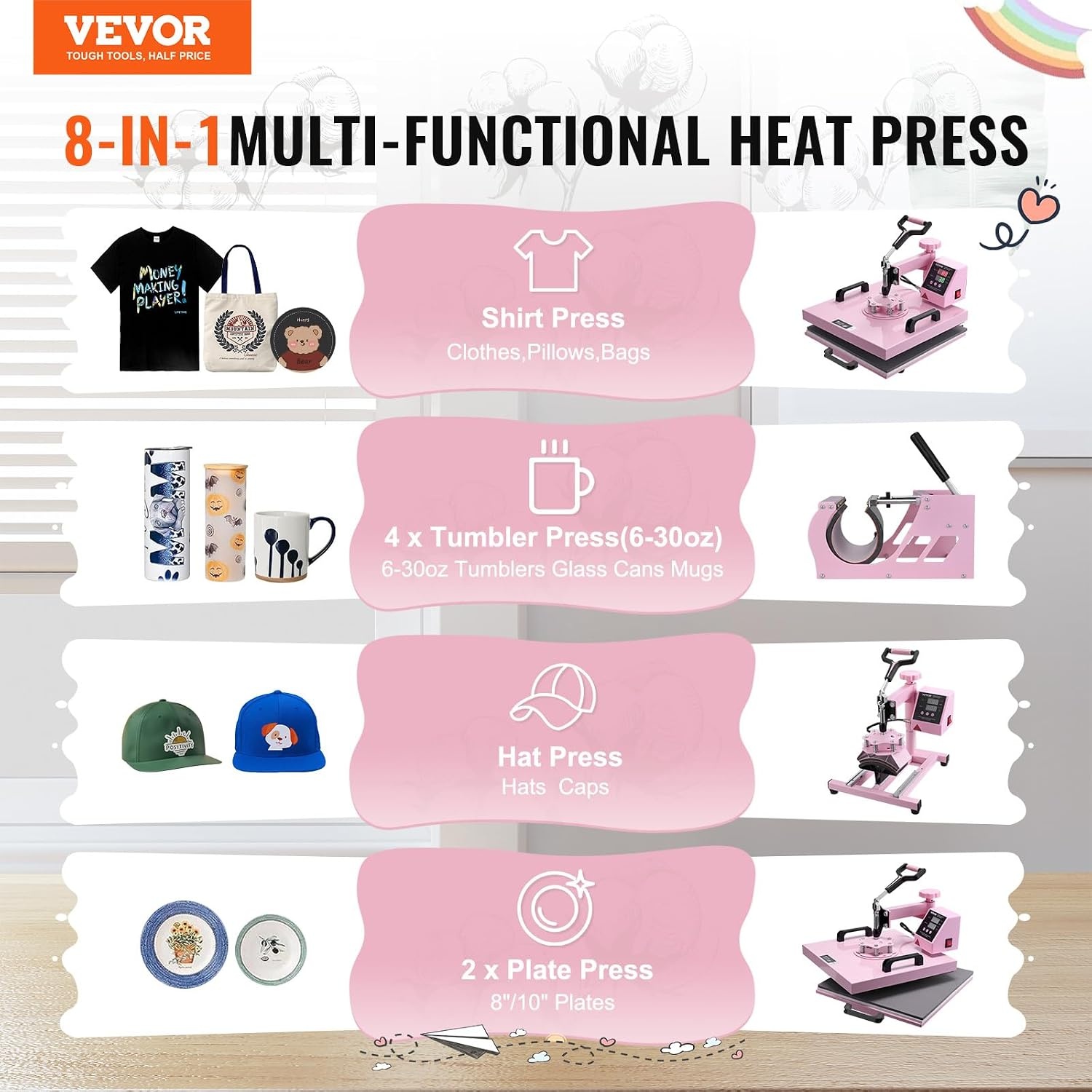 image:imageVEVOR Heat Press Machine 15x15 inch Heat Press Machine for TShirts 5 in 1 Heat Press with 30 OZ Tumbler Press Combo Tumbler Heat Press Machine Sublimation for Hat Cap Mug Plate Pink
