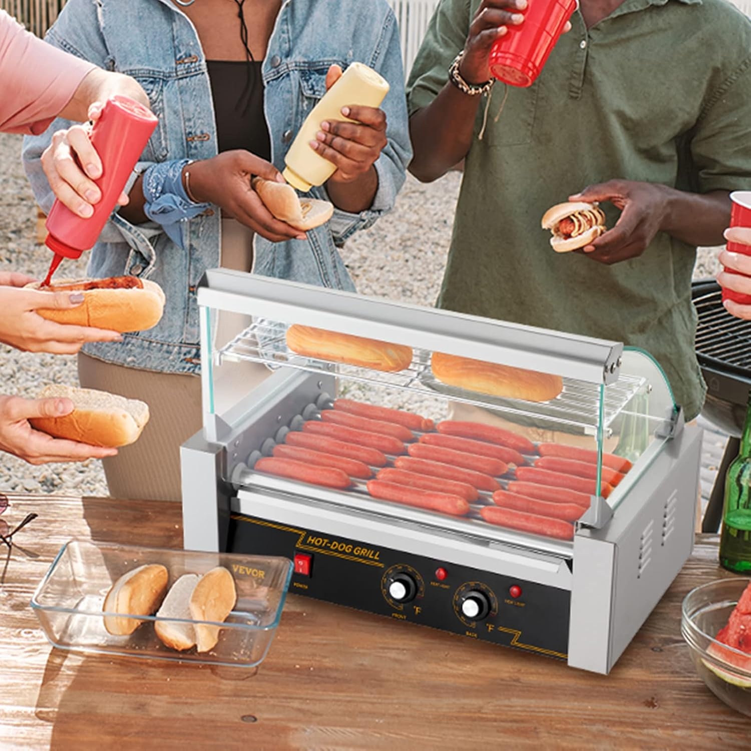 image:imageVEVOR Hot Dog Roller 5 Rollers 12 Hot Dogs Capacity 750W Stainless Sausage Grill Cooker Machine with Dual Temp Control Glass Hood Acrylic Cover Bun Warmer Shelf Removable Oil Drip Tray ETL Certified7 RollersCover