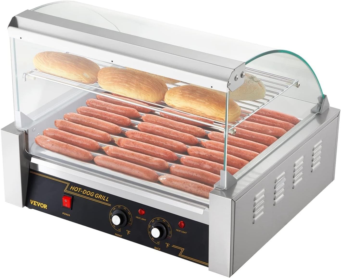 image:imageVEVOR Hot Dog Roller 5 Rollers 12 Hot Dogs Capacity 750W Stainless Sausage Grill Cooker Machine with Dual Temp Control Glass Hood Acrylic Cover Bun Warmer Shelf Removable Oil Drip Tray ETL Certified11 Roller