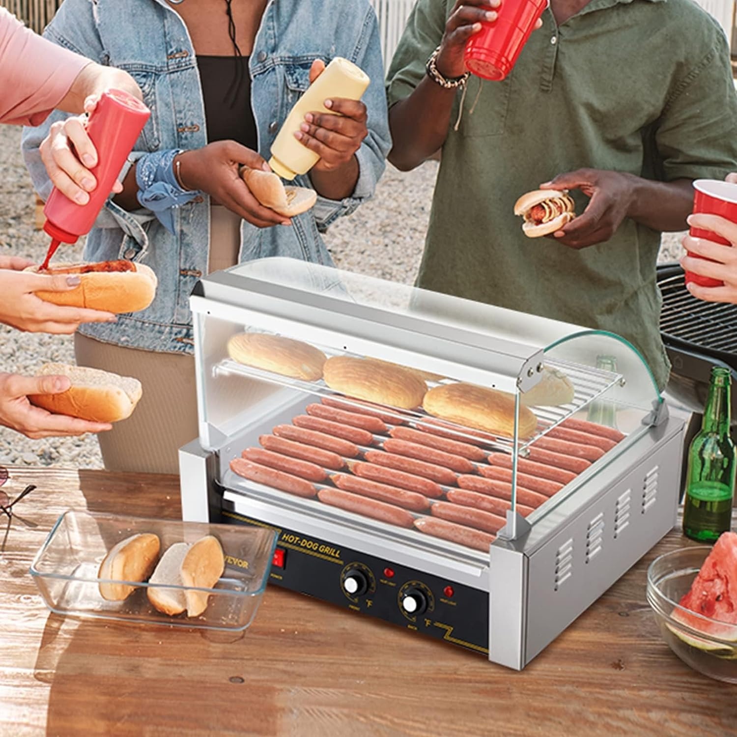 image:imageVEVOR Hot Dog Roller 5 Rollers 12 Hot Dogs Capacity 750W Stainless Sausage Grill Cooker Machine with Dual Temp Control Glass Hood Acrylic Cover Bun Warmer Shelf Removable Oil Drip Tray ETL Certified11 Roller