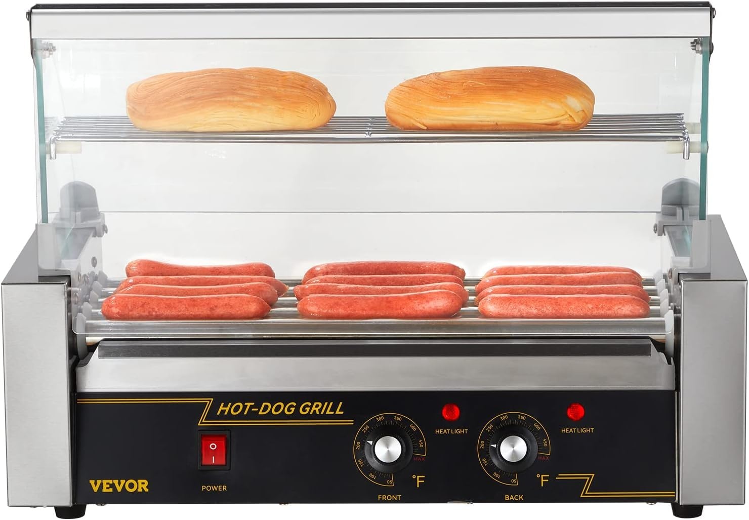 image:imageVEVOR Hot Dog Roller 5 Rollers 12 Hot Dogs Capacity 750W Stainless Sausage Grill Cooker Machine with Dual Temp Control Glass Hood Acrylic Cover Bun Warmer Shelf Removable Oil Drip Tray ETL Certified5 RollersCover