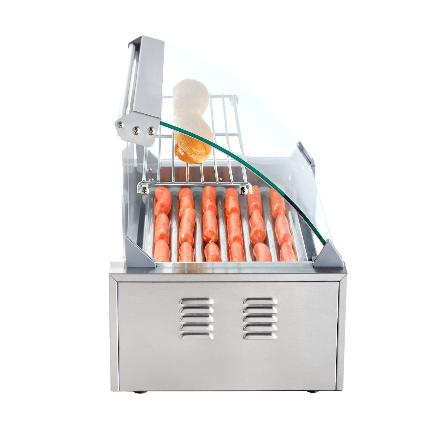 image:imageVEVOR Hot Dog Roller 5 Rollers 12 Hot Dogs Capacity 750W Stainless Sausage Grill Cooker Machine with Dual Temp Control Glass Hood Acrylic Cover Bun Warmer Shelf Removable Oil Drip Tray ETL Certified7 RollersCover