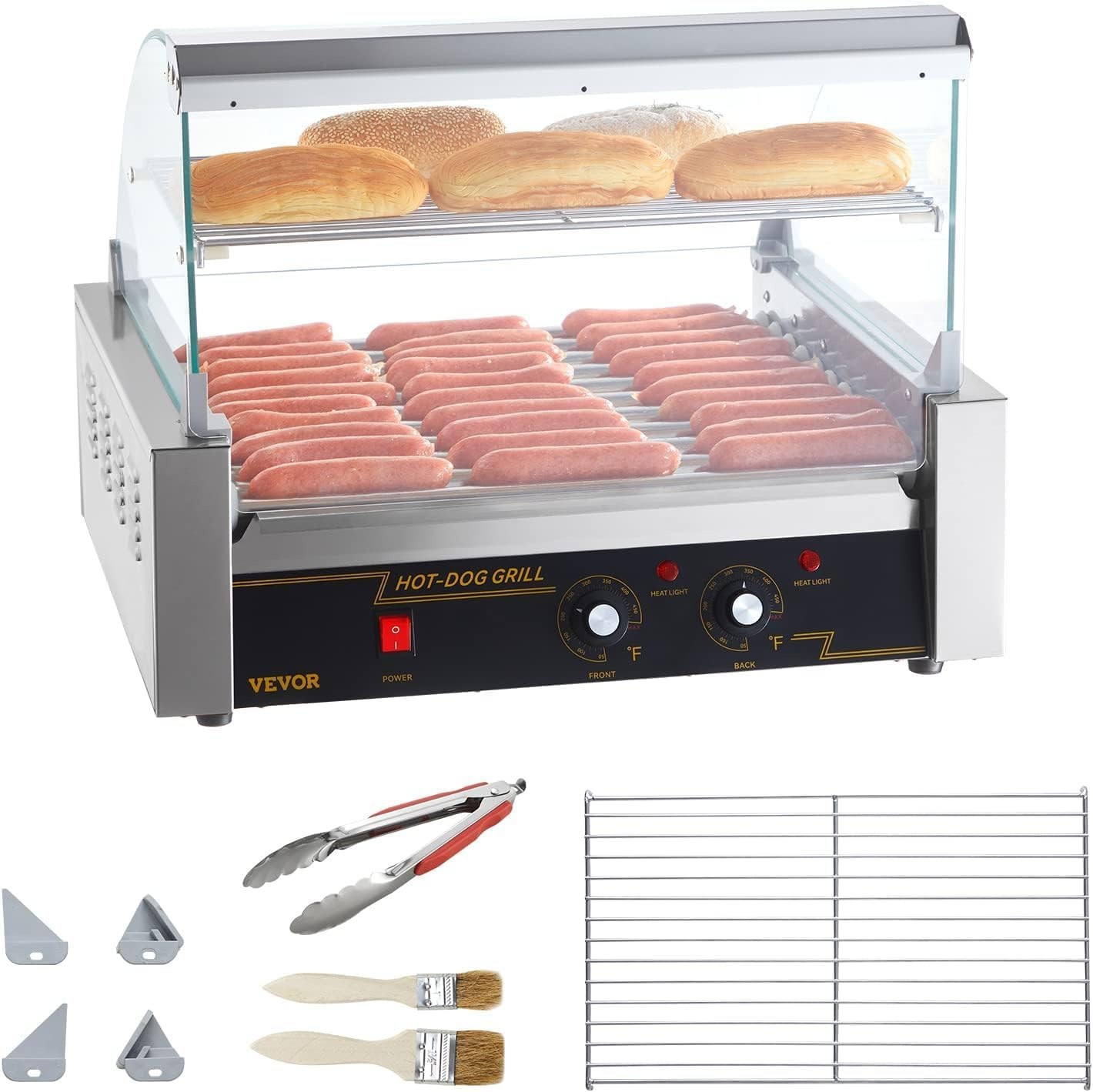 image:imageVEVOR Hot Dog Roller 5 Rollers 12 Hot Dogs Capacity 750W Stainless Sausage Grill Cooker Machine with Dual Temp Control Glass Hood Acrylic Cover Bun Warmer Shelf Removable Oil Drip Tray ETL Certified11 Roller