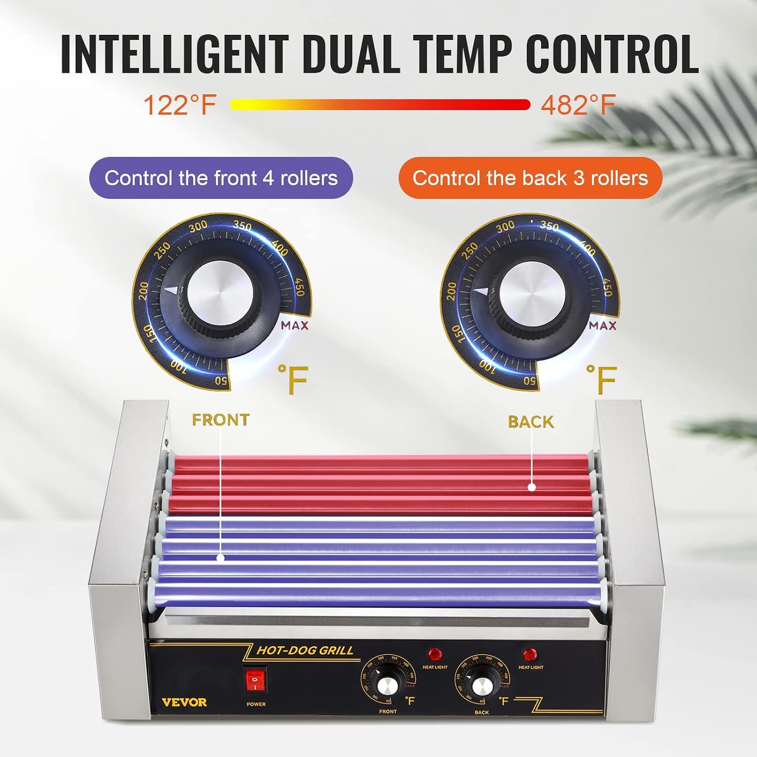 image:imageVEVOR Hot Dog Roller 5 Rollers 12 Hot Dogs Capacity 750W Stainless Sausage Grill Cooker Machine with Dual Temp Control Glass Hood Acrylic Cover Bun Warmer Shelf Removable Oil Drip Tray ETL Certified7 RollersCover