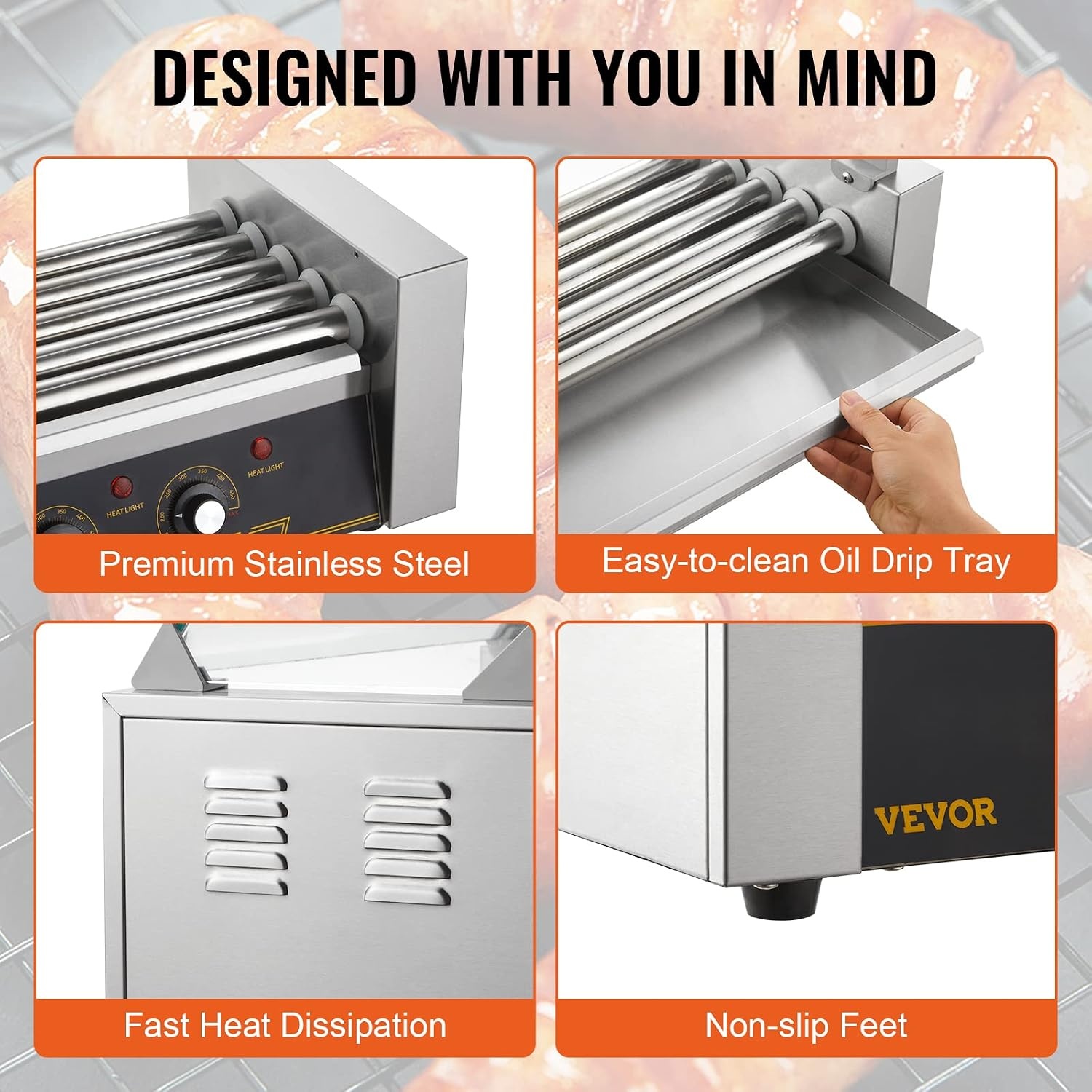 image:imageVEVOR Hot Dog Roller 5 Rollers 12 Hot Dogs Capacity 750W Stainless Sausage Grill Cooker Machine with Dual Temp Control Glass Hood Acrylic Cover Bun Warmer Shelf Removable Oil Drip Tray ETL Certified5 RollersCover