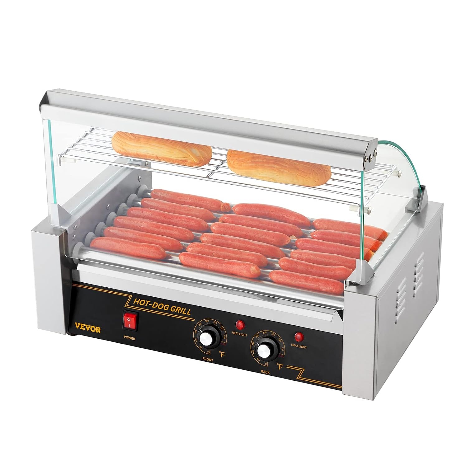 image:imageVEVOR Hot Dog Roller 5 Rollers 12 Hot Dogs Capacity 750W Stainless Sausage Grill Cooker Machine with Dual Temp Control Glass Hood Acrylic Cover Bun Warmer Shelf Removable Oil Drip Tray ETL Certified7 RollersCover