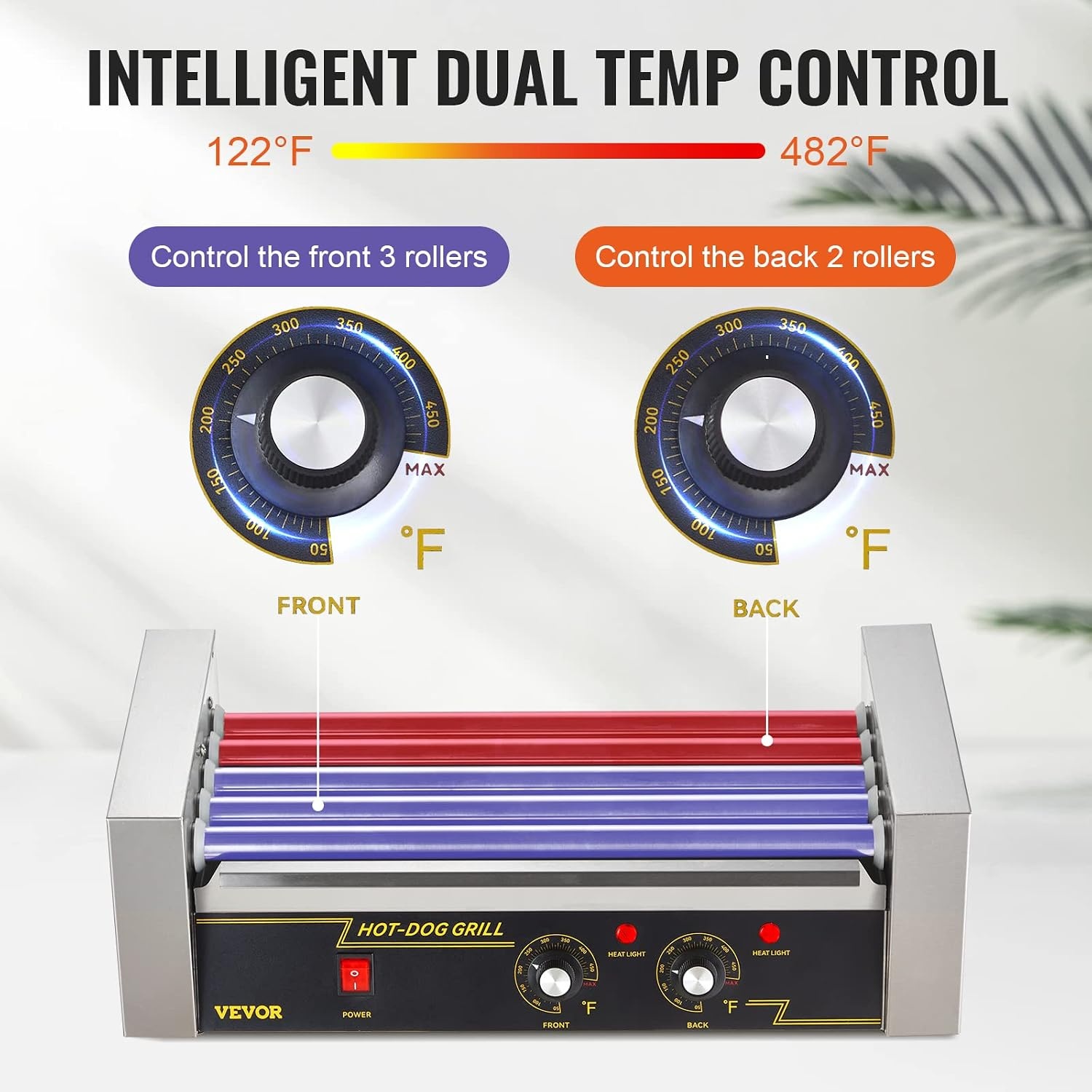 image:imageVEVOR Hot Dog Roller 5 Rollers 12 Hot Dogs Capacity 750W Stainless Sausage Grill Cooker Machine with Dual Temp Control Glass Hood Acrylic Cover Bun Warmer Shelf Removable Oil Drip Tray ETL Certified5 RollersCover