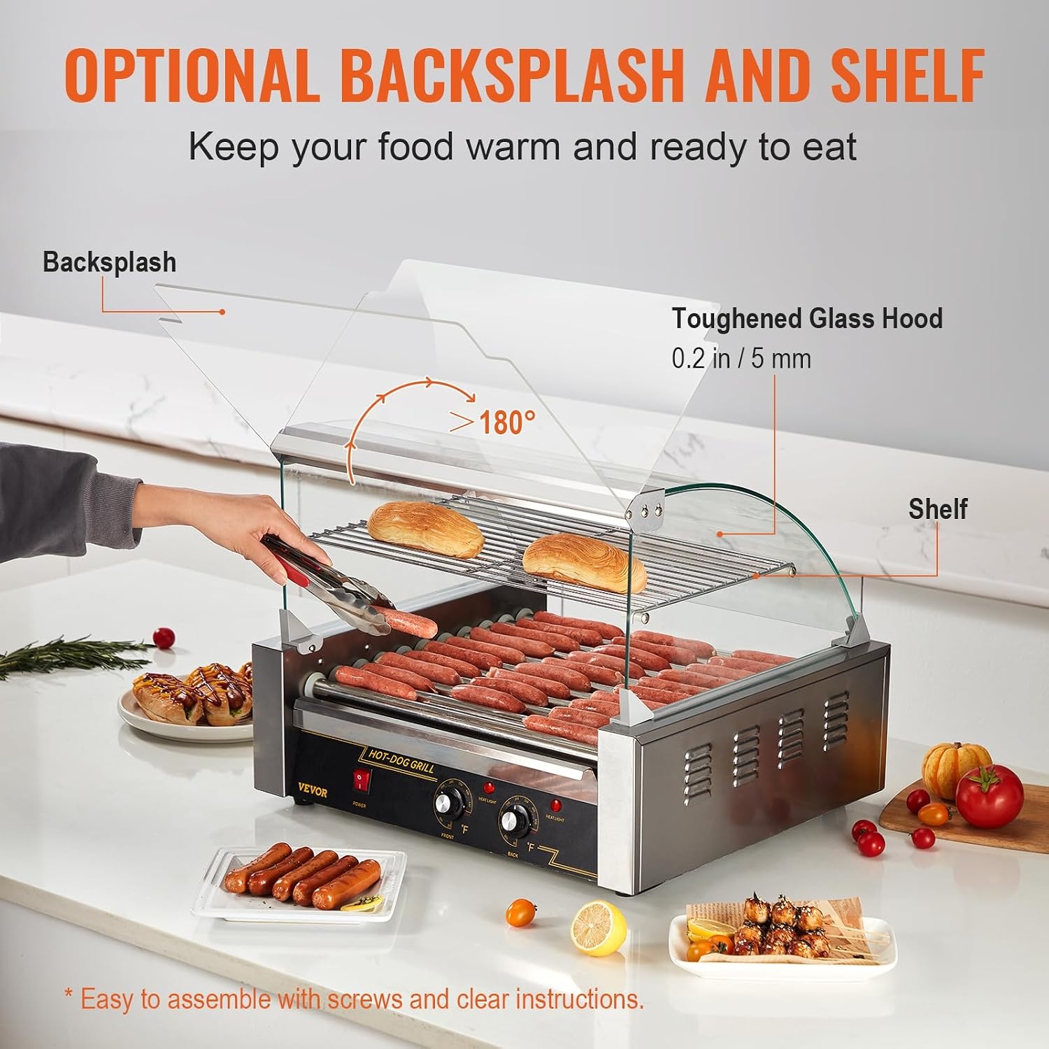 image:imageVEVOR Hot Dog Roller 5 Rollers 12 Hot Dogs Capacity 750W Stainless Sausage Grill Cooker Machine with Dual Temp Control Glass Hood Acrylic Cover Bun Warmer Shelf Removable Oil Drip Tray ETL Certified11 Roller