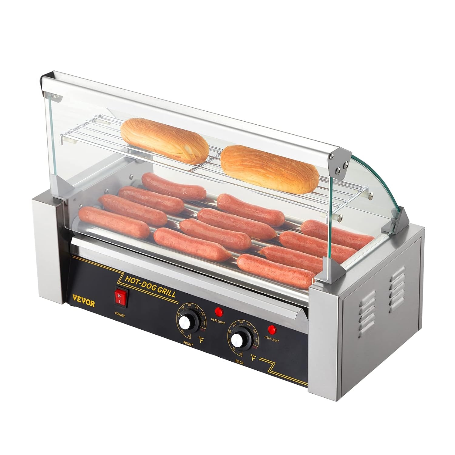 image:imageVEVOR Hot Dog Roller 5 Rollers 12 Hot Dogs Capacity 750W Stainless Sausage Grill Cooker Machine with Dual Temp Control Glass Hood Acrylic Cover Bun Warmer Shelf Removable Oil Drip Tray ETL Certified5 RollersCover