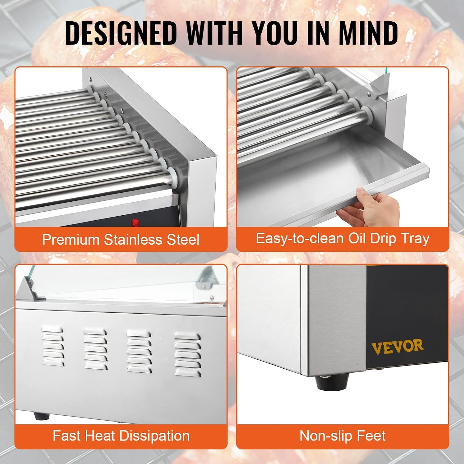 image:imageVEVOR Hot Dog Roller 5 Rollers 12 Hot Dogs Capacity 750W Stainless Sausage Grill Cooker Machine with Dual Temp Control Glass Hood Acrylic Cover Bun Warmer Shelf Removable Oil Drip Tray ETL Certified11 Roller