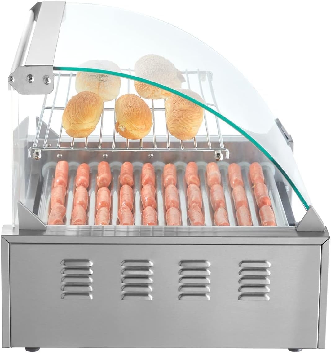 image:imageVEVOR Hot Dog Roller 5 Rollers 12 Hot Dogs Capacity 750W Stainless Sausage Grill Cooker Machine with Dual Temp Control Glass Hood Acrylic Cover Bun Warmer Shelf Removable Oil Drip Tray ETL Certified11 Roller