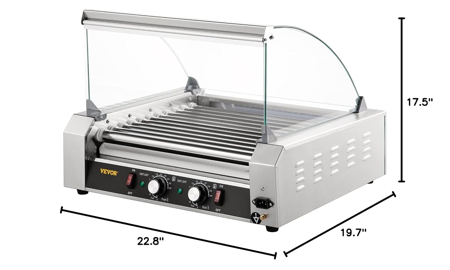image:imageVEVOR Hot Dog Roller 5 Rollers 12 Hot Dogs Capacity 750W Stainless Sausage Grill Cooker Machine with Dual Temp Control Glass Hood Acrylic Cover Bun Warmer Shelf Removable Oil Drip Tray ETL Certified11 Roller