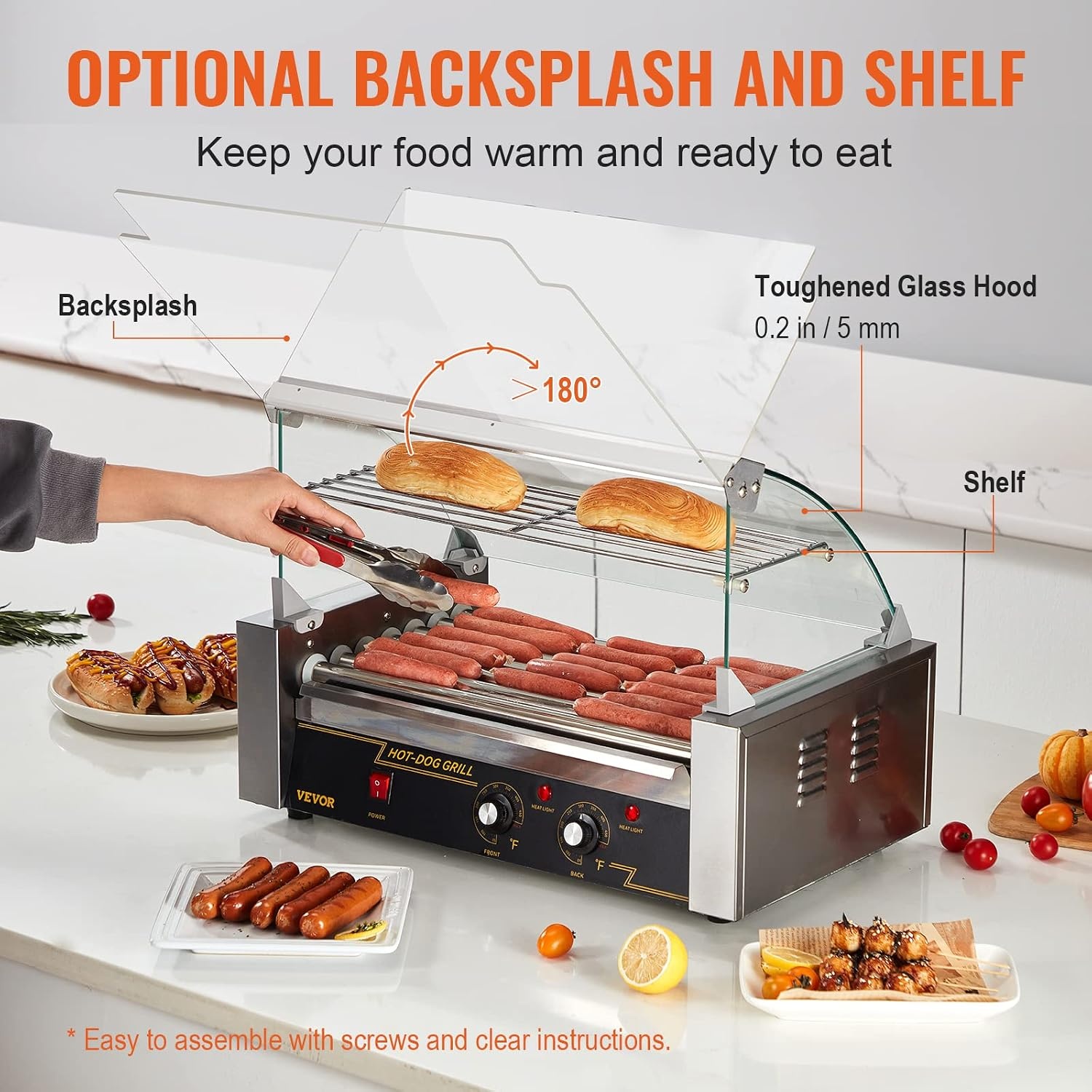 image:imageVEVOR Hot Dog Roller 5 Rollers 12 Hot Dogs Capacity 750W Stainless Sausage Grill Cooker Machine with Dual Temp Control Glass Hood Acrylic Cover Bun Warmer Shelf Removable Oil Drip Tray ETL Certified7 RollersCover