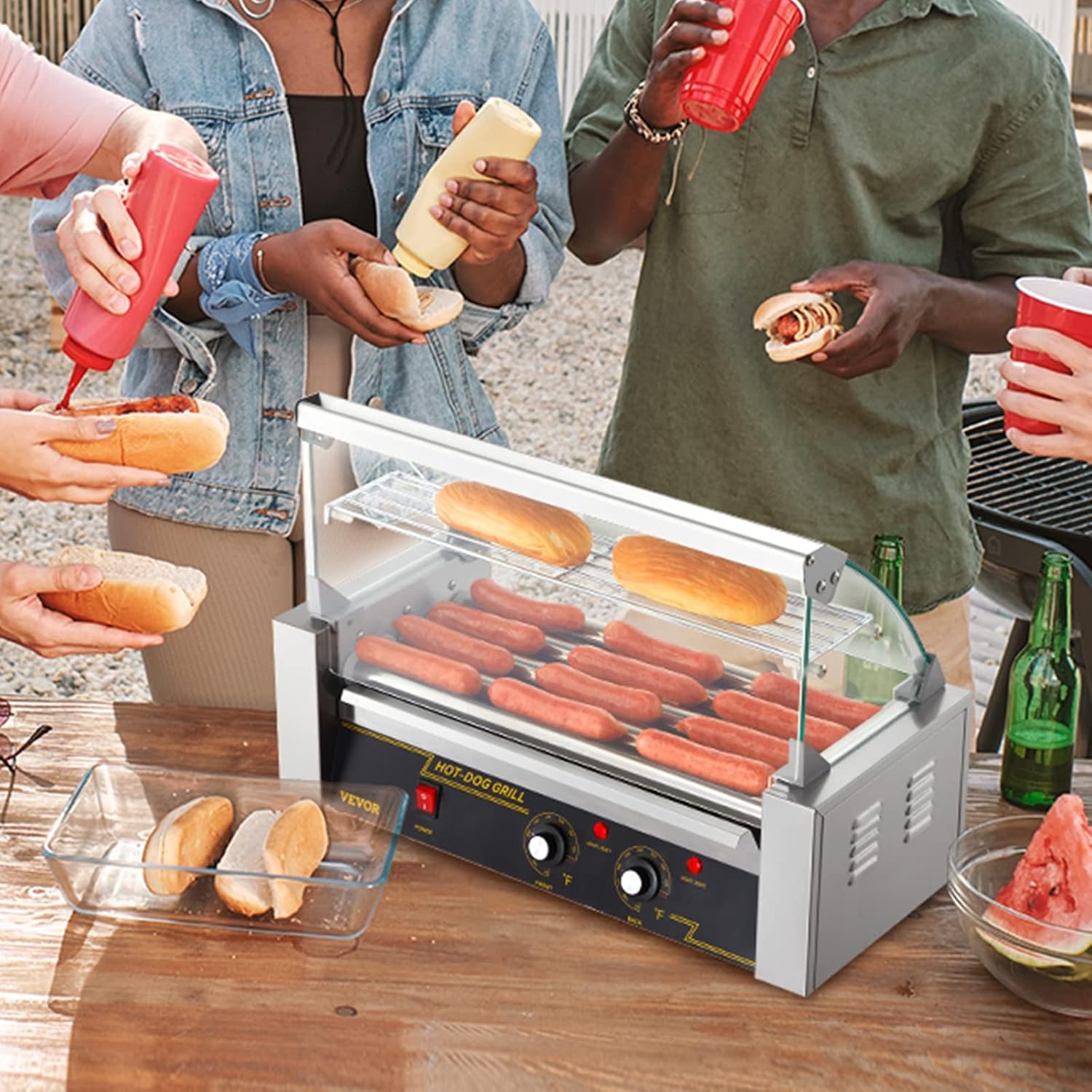 image:imageVEVOR Hot Dog Roller 5 Rollers 12 Hot Dogs Capacity 750W Stainless Sausage Grill Cooker Machine with Dual Temp Control Glass Hood Acrylic Cover Bun Warmer Shelf Removable Oil Drip Tray ETL Certified5 RollersCover