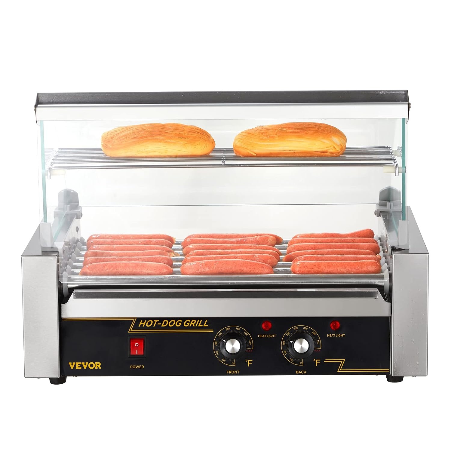 image:imageVEVOR Hot Dog Roller 5 Rollers 12 Hot Dogs Capacity 750W Stainless Sausage Grill Cooker Machine with Dual Temp Control Glass Hood Acrylic Cover Bun Warmer Shelf Removable Oil Drip Tray ETL Certified7 RollersCover