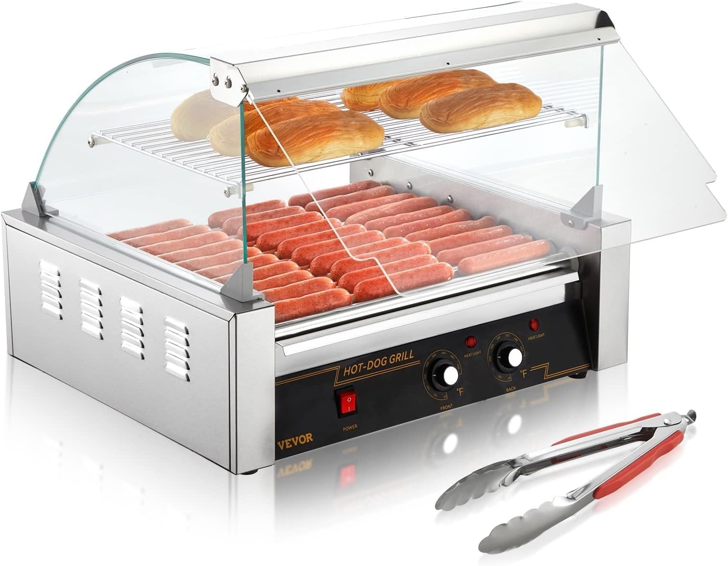 image:imageVEVOR Hot Dog Roller 5 Rollers 12 Hot Dogs Capacity 750W Stainless Sausage Grill Cooker Machine with Dual Temp Control Glass Hood Acrylic Cover Bun Warmer Shelf Removable Oil Drip Tray ETL Certified11 Roller