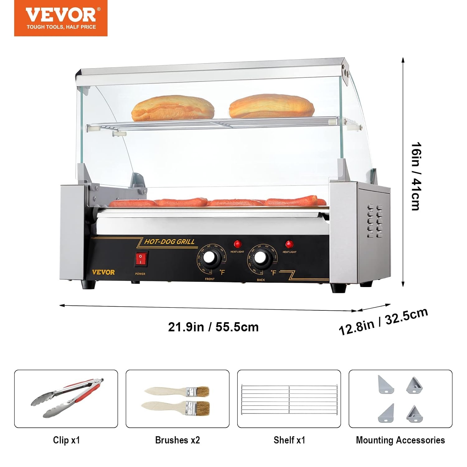 image:imageVEVOR Hot Dog Roller 5 Rollers 12 Hot Dogs Capacity 750W Stainless Sausage Grill Cooker Machine with Dual Temp Control Glass Hood Acrylic Cover Bun Warmer Shelf Removable Oil Drip Tray ETL Certified7 RollersCover